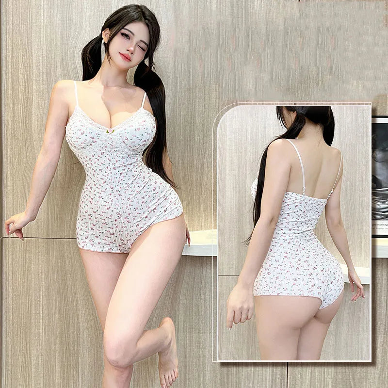 Combinaison barboteuse à imprimé floral pour femmes, garniture en dentelle, justaucorps coupe couvertes, sous-vêtements sexy, vêtements de nuit, lingerie sexy, été