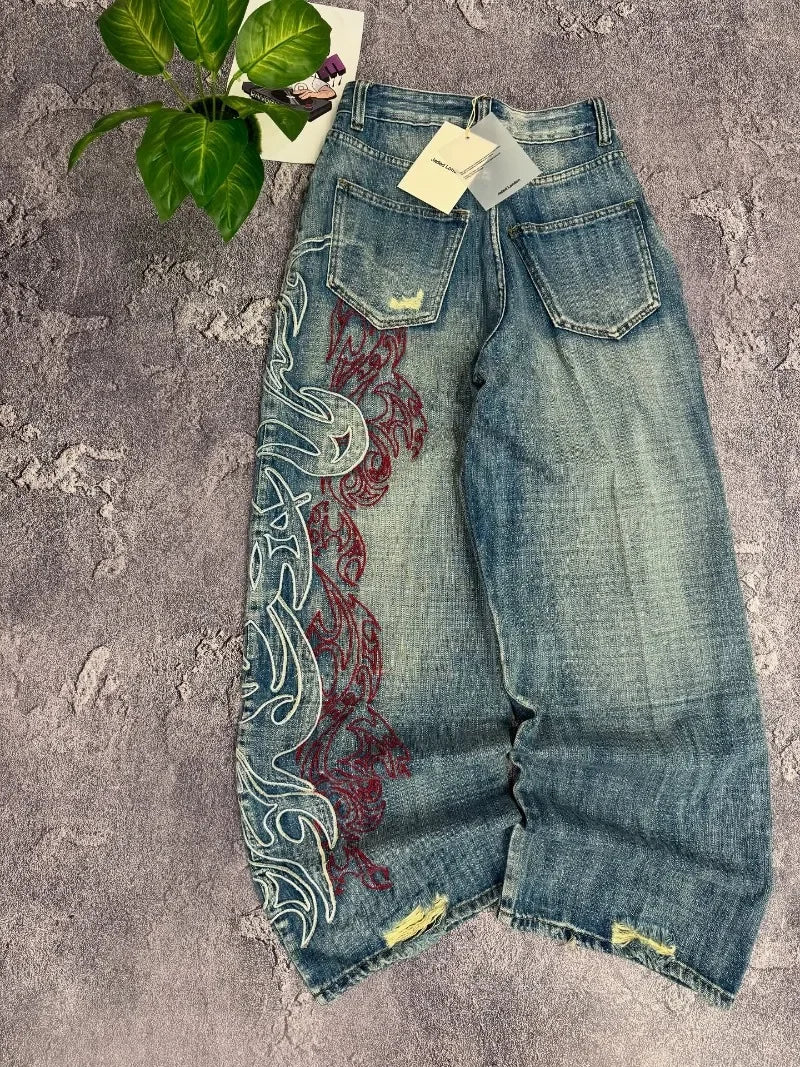 Y2K américain nouveau modèle broderie Baggy jean hommes haute rue Vintage Hip Hop mode décontracté Joker Couple pantalon à jambes larges