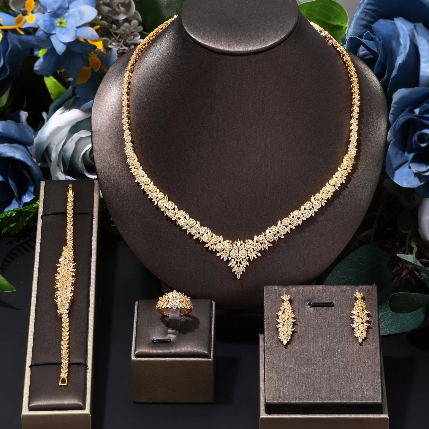 Ensemble de bijoux de mariée de luxe avec zircon cubique contre-indiqué, 4 pièces, vente chaude, Dubaï, 2024