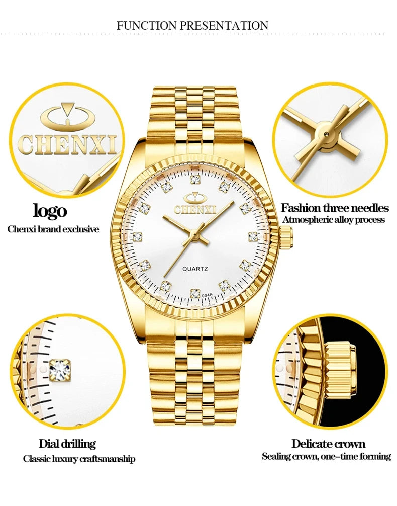 CHENghts-Montre de couple à quartz en acier inoxydable doré pour femme, horloge de luxe