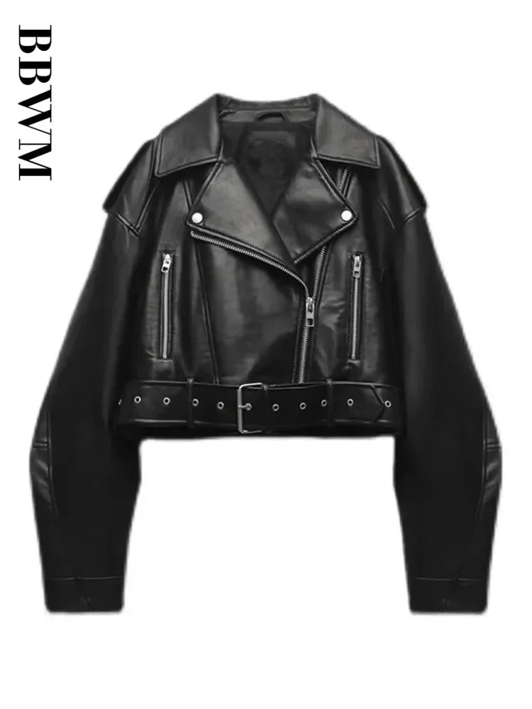 Veste Courte Femme en Similicuir avec Ceinture - Style Motard Vintage