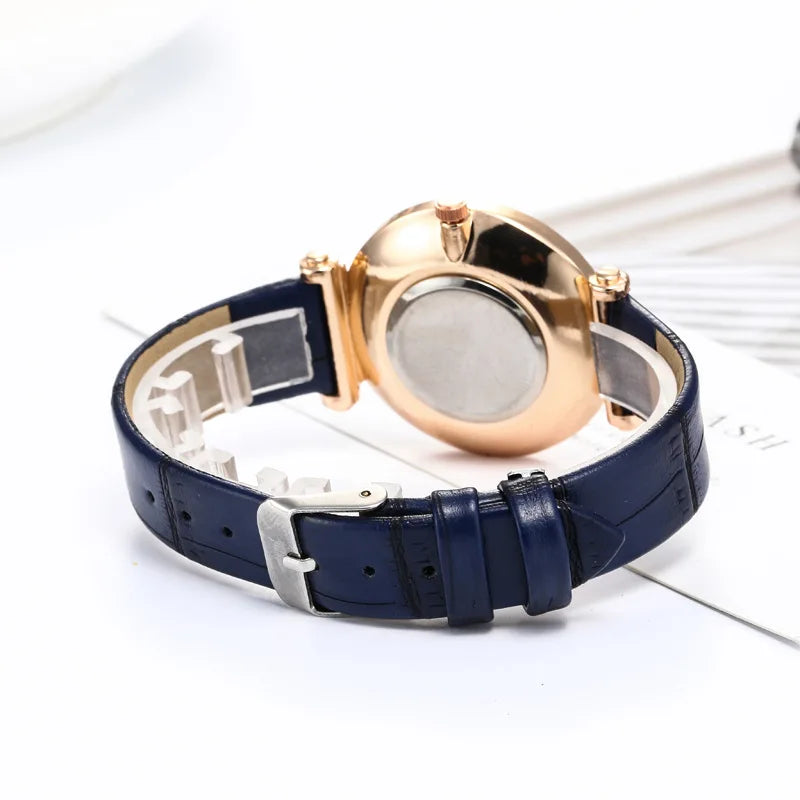 Montre à Quartz Analogique avec Ceinture en Cuir et Diamant pour Femme, Accessoire de Luxe
