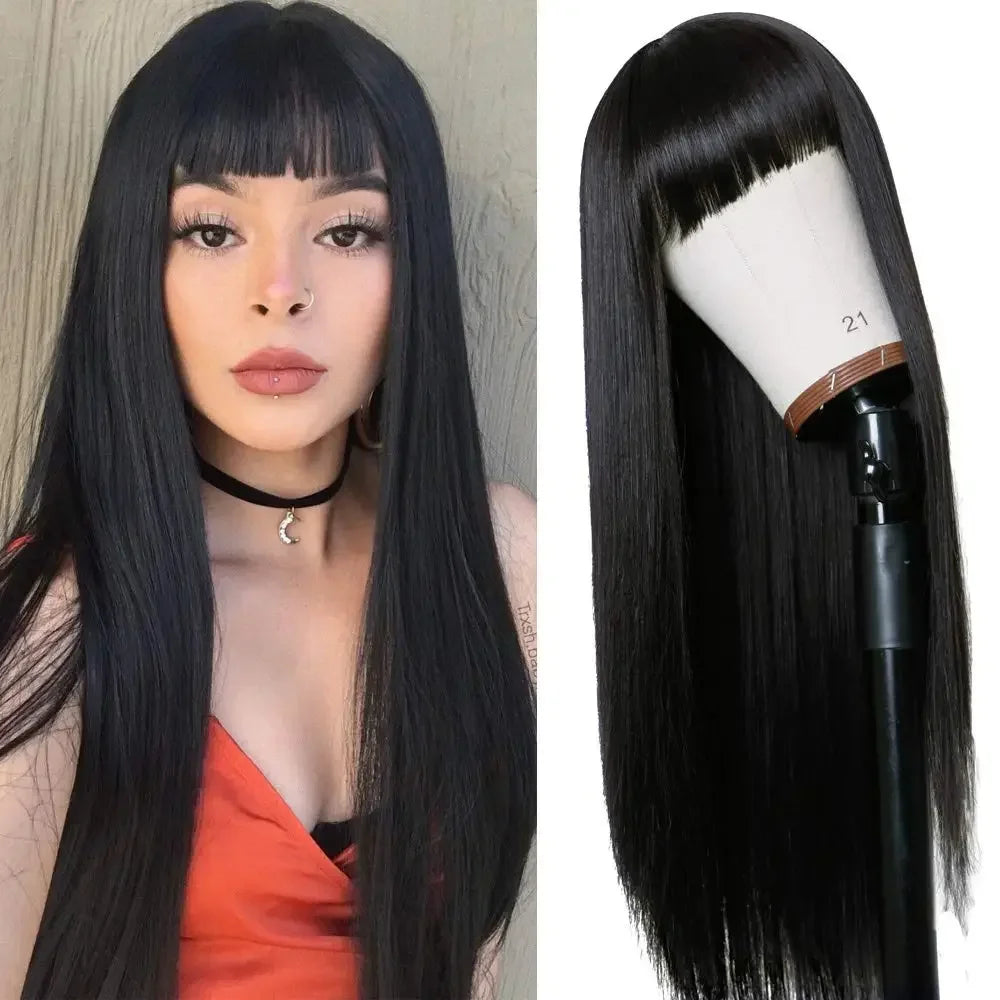 Perruques synthétiques Remy longues et lisses, perruque en Fiber noire naturelle résistante à la chaleur avec frange, pe
