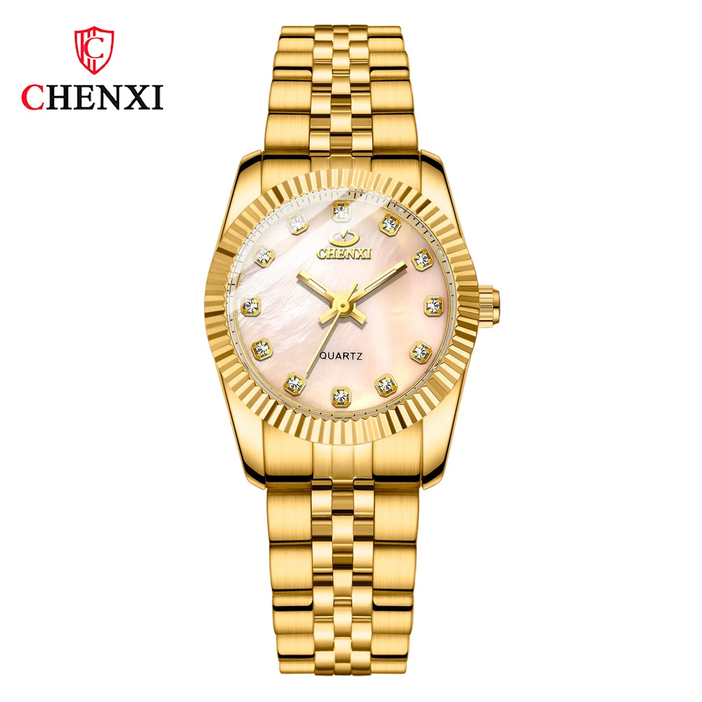 CHENghts-Montre de couple à quartz en acier inoxydable doré pour femme, horloge de luxe