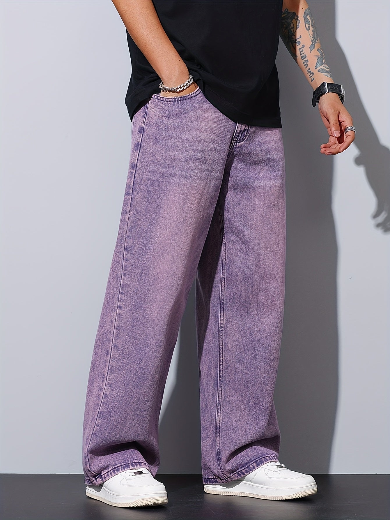 Lencensa - Jean Homme Violet Coupe Large Décontracté