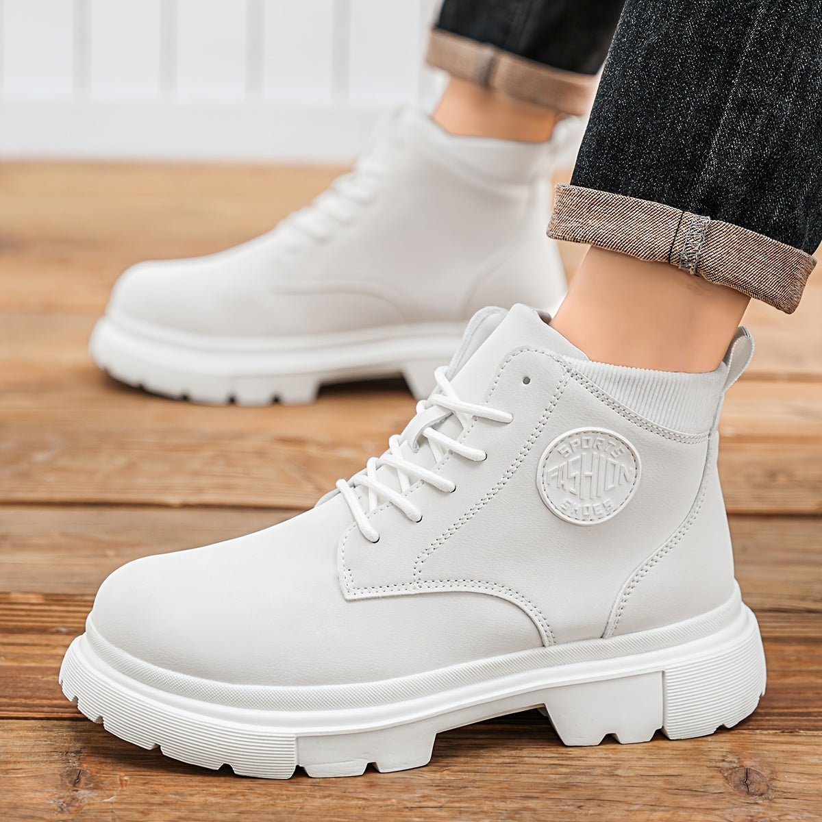Bottes de randonnée à mi-haut de mode unisexe, couleur unie, style sportif décontracté, chaussures à lacets toutes saisons, fausse tige, intérieur en tissu, semelle en caoutchouc, bout uni pour hommes et femmes
