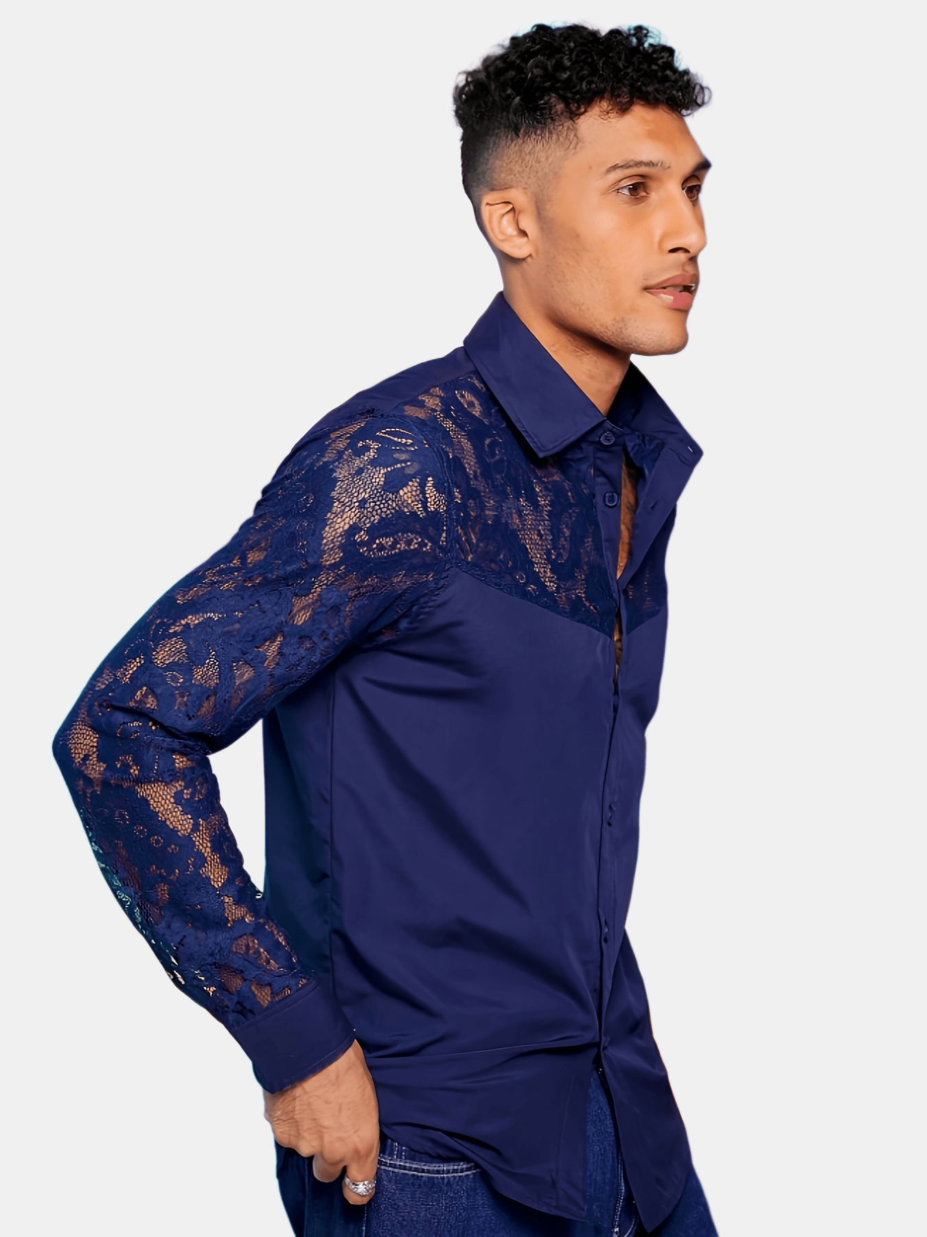Lencensa - Chemise Homme Dentelle Noire Manches Longues