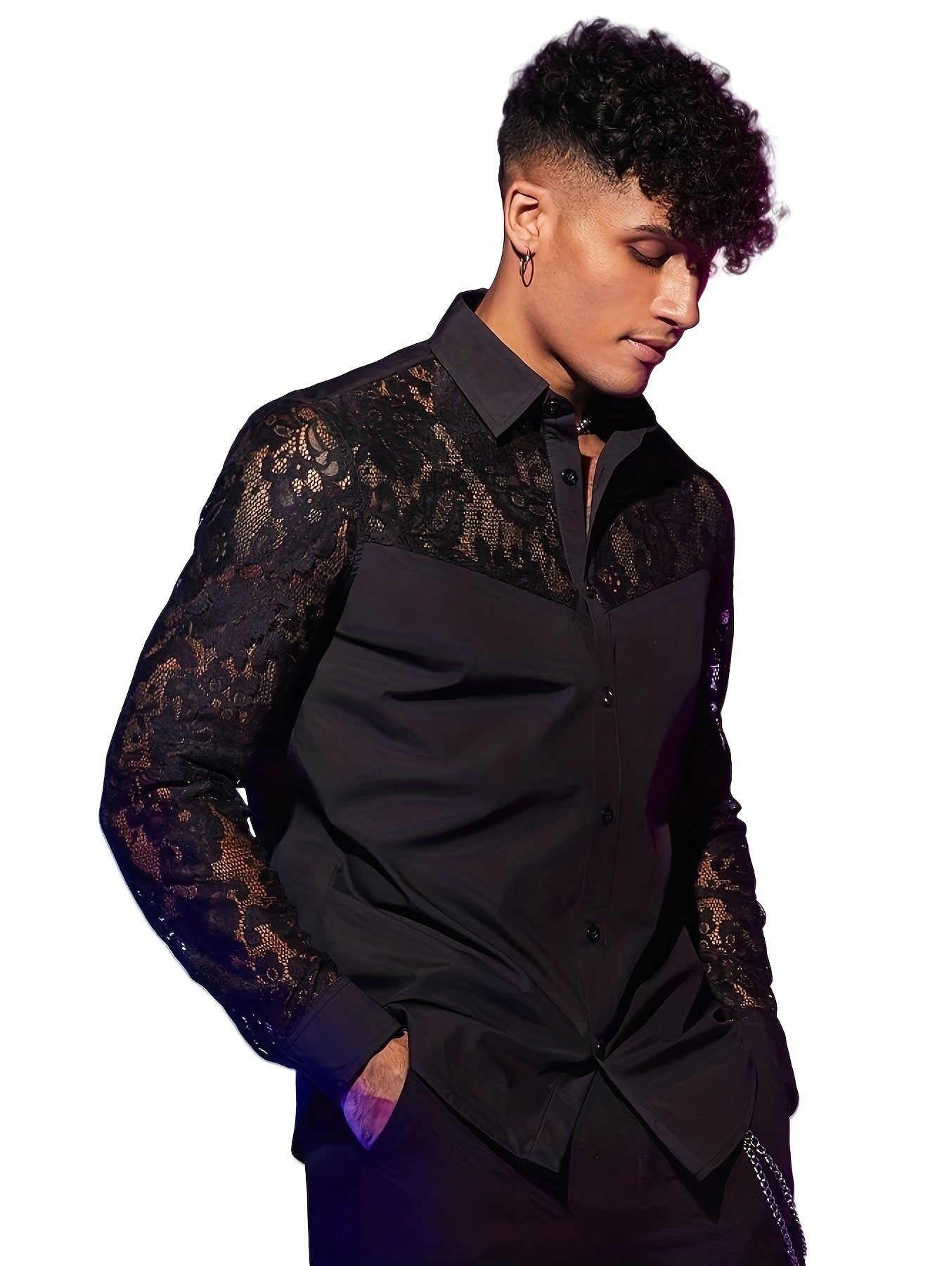 Lencensa - Chemise Homme Dentelle Noire Manches Longues