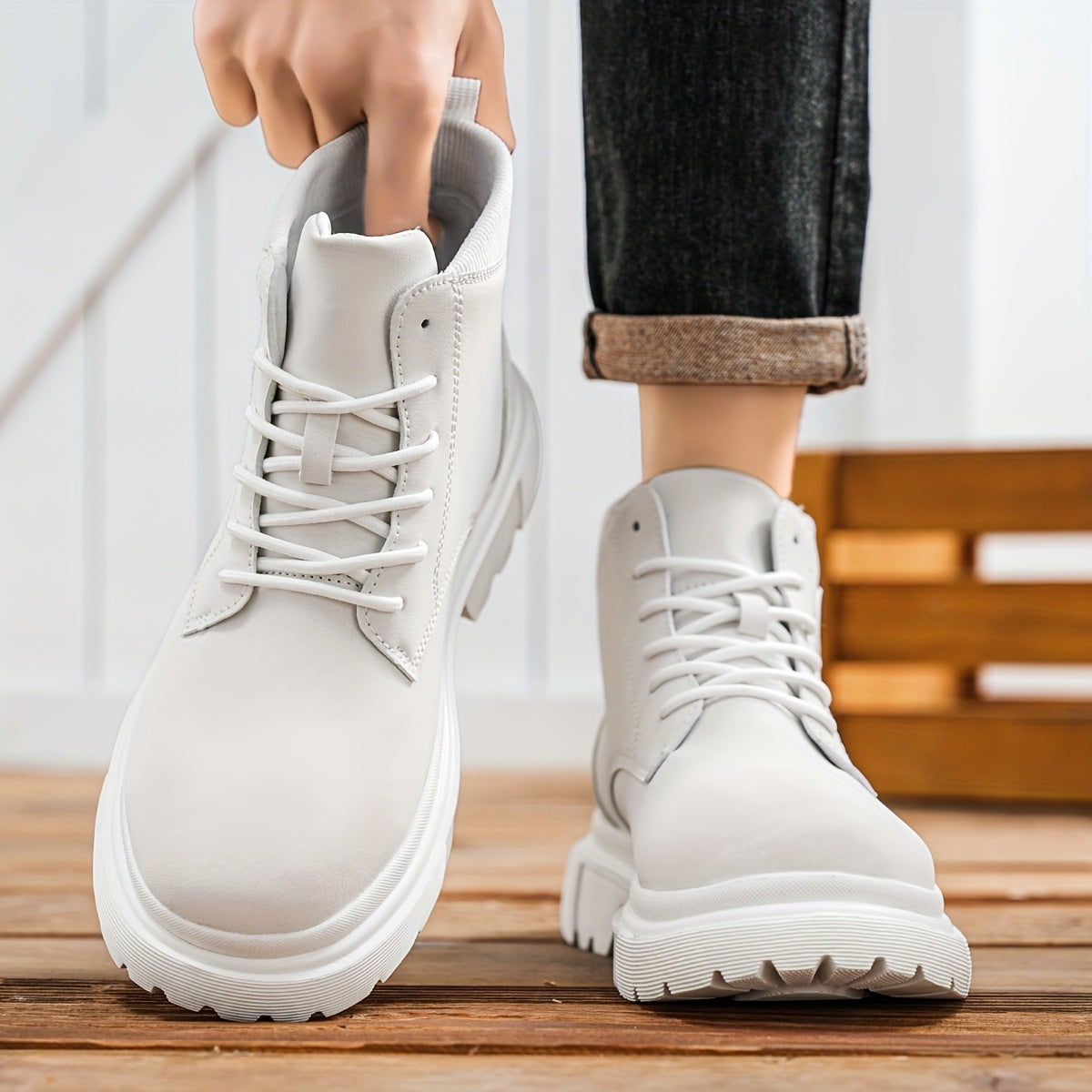 Bottes de randonnée à mi-haut de mode unisexe, couleur unie, style sportif décontracté, chaussures à lacets toutes saisons, fausse tige, intérieur en tissu, semelle en caoutchouc, bout uni pour hommes et femmes