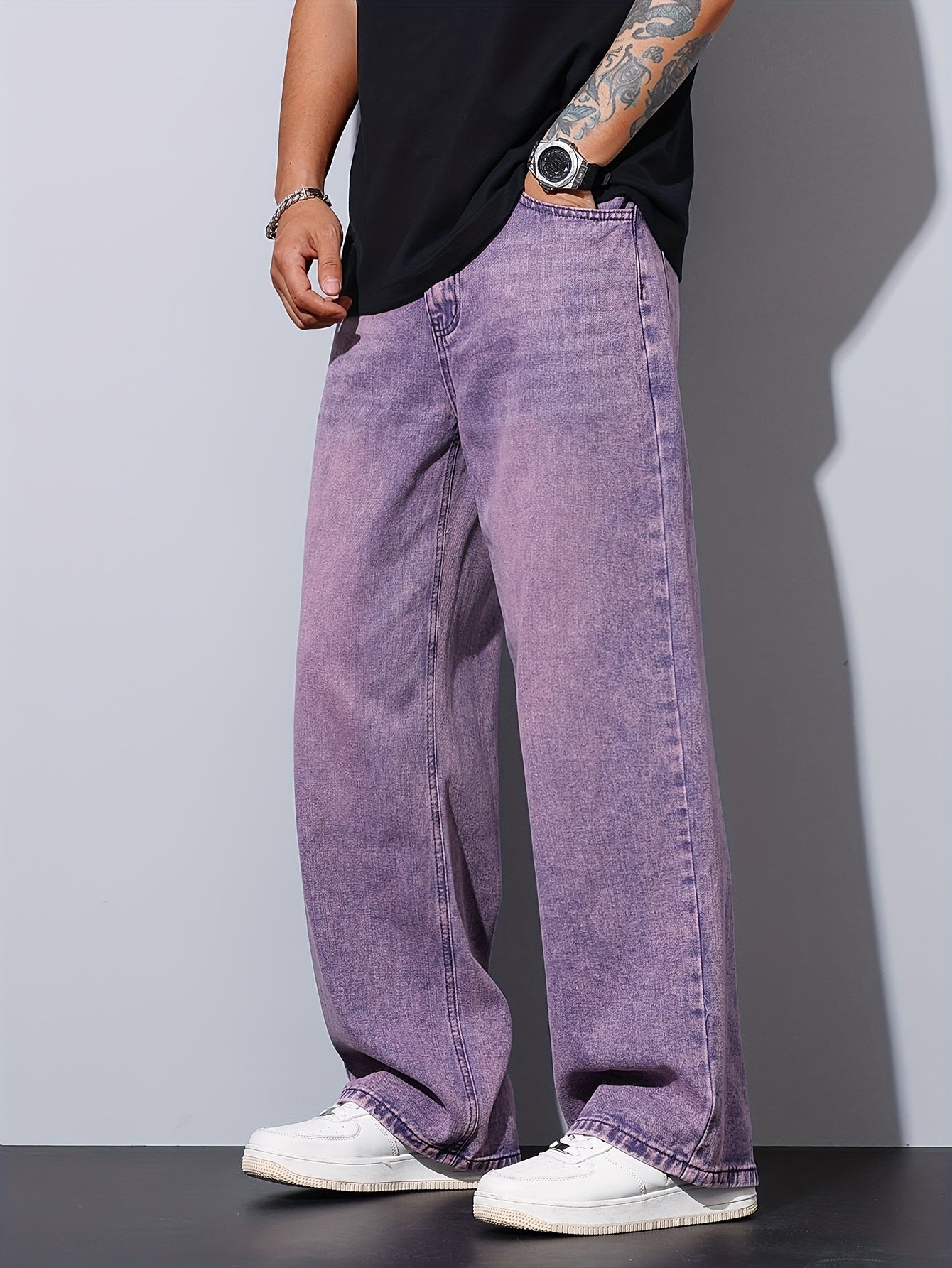 Lencensa - Jean Homme Violet Coupe Large Décontracté