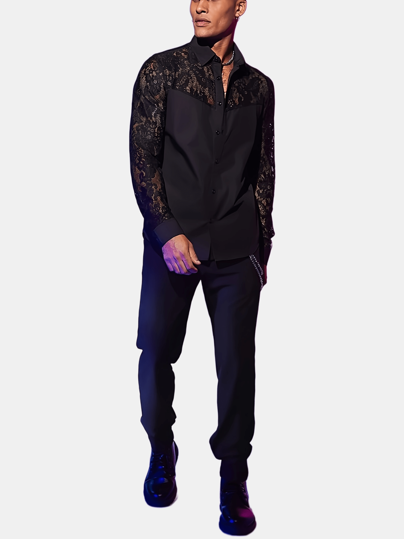 Lencensa - Chemise Homme Dentelle Noire Manches Longues