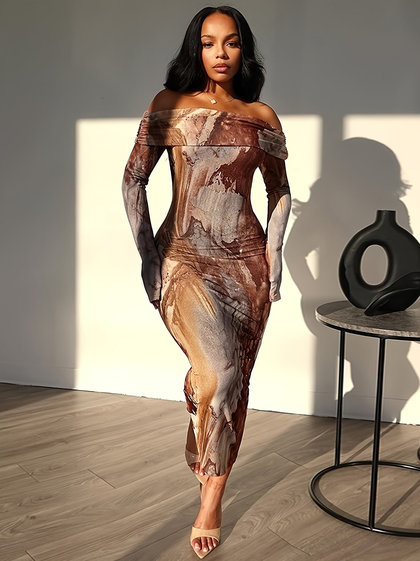 Lencensa - Robe Bodycon Épaules Nues Motif Marbré