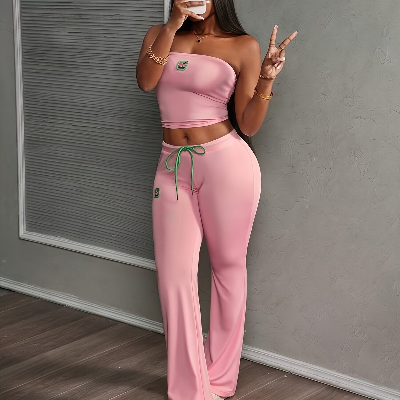 Lencensa - Ensemble Femme Crop Top Épaules Nues et Legging Rose