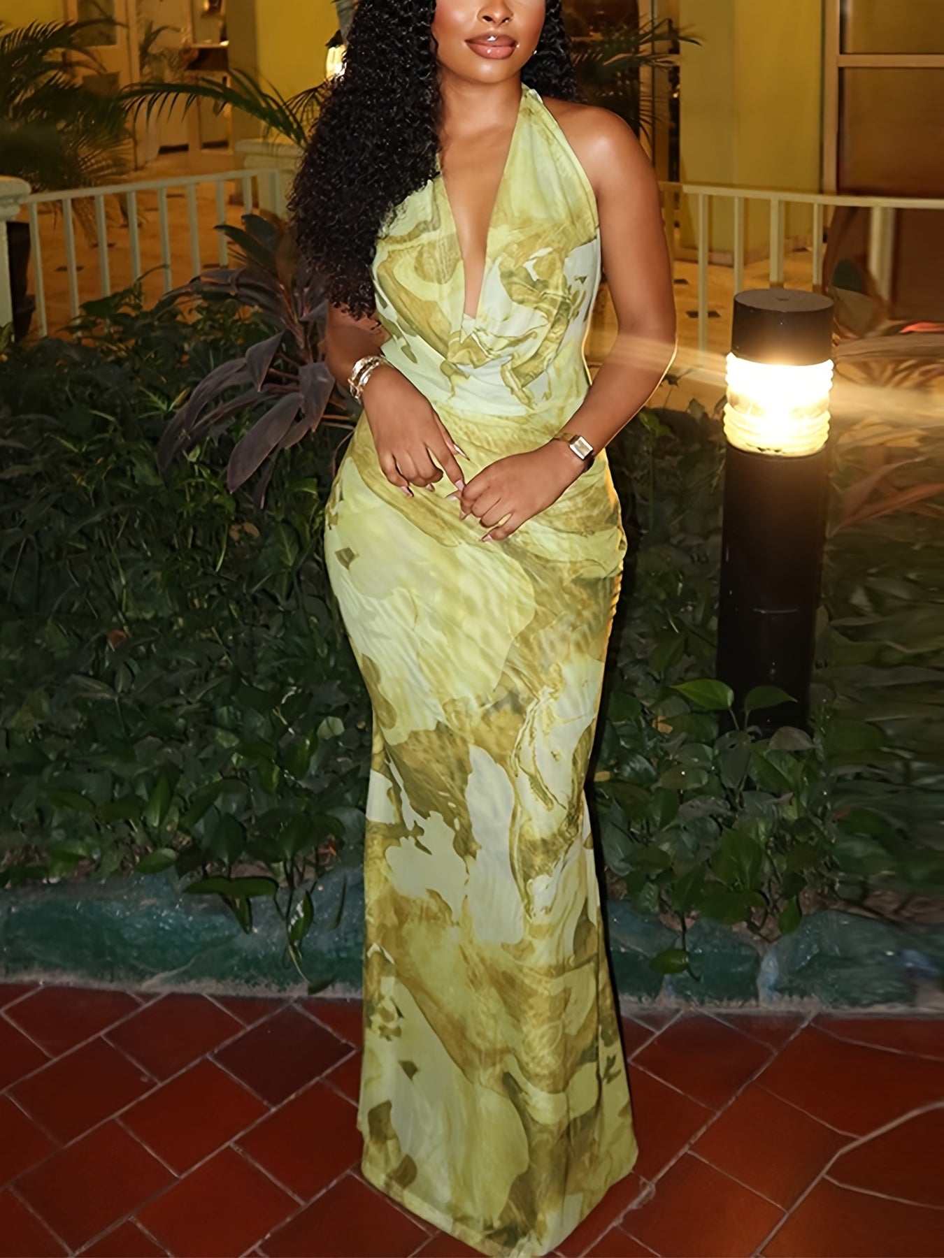 Robe de Soirée Lencensa - Dégradé Jaune Vert Col V Élégante Femme