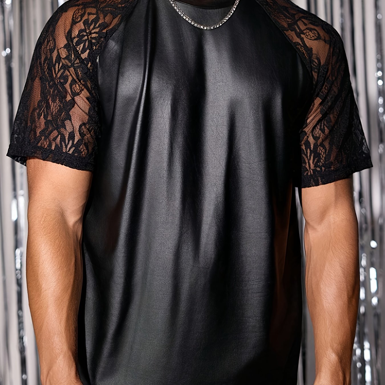 T-Shirt Faux Cuir Lencensa - Patchwork Dentelle Street Style Homme