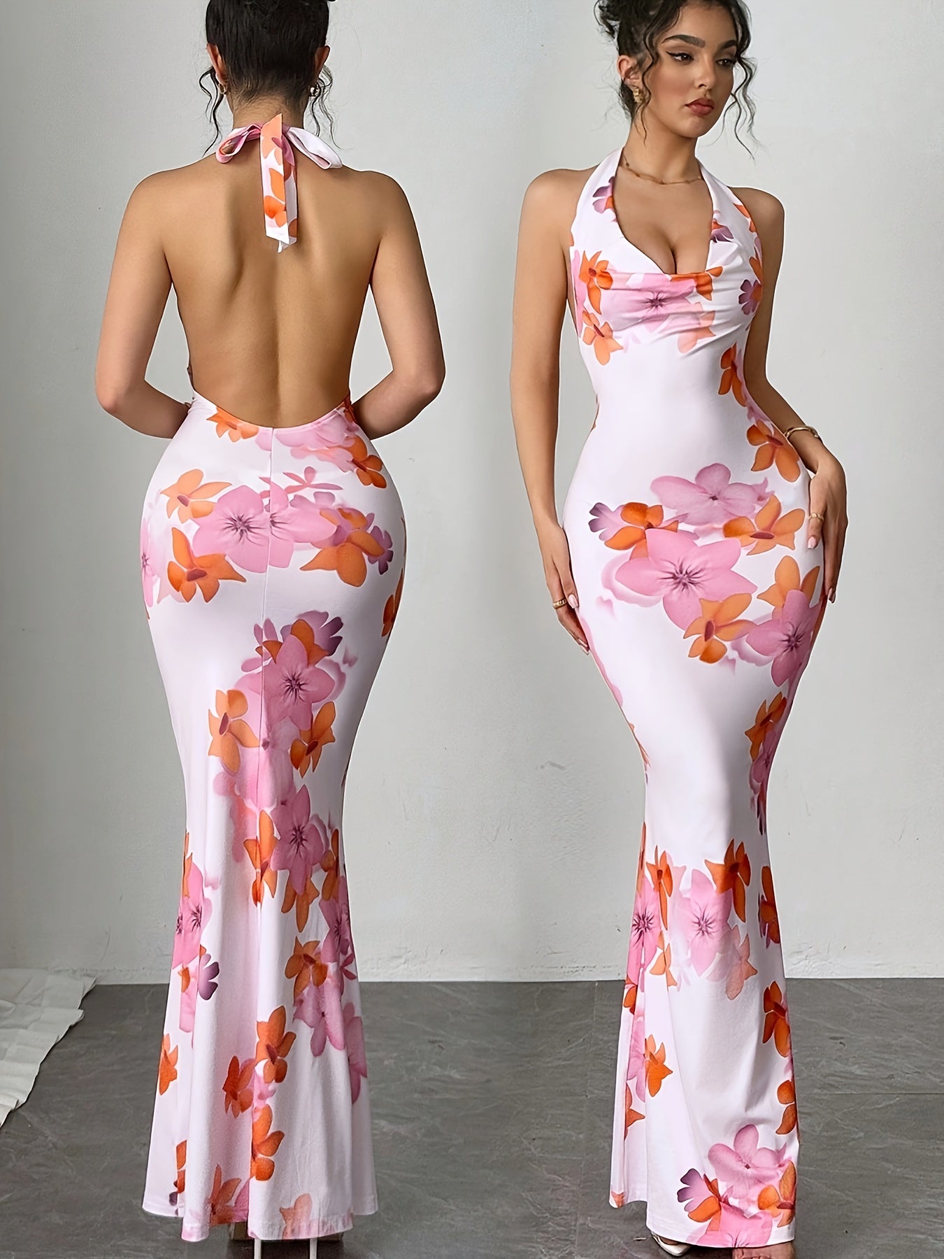 Lencensa - Robe Maxi Sirène Dos Nu Motif Floral