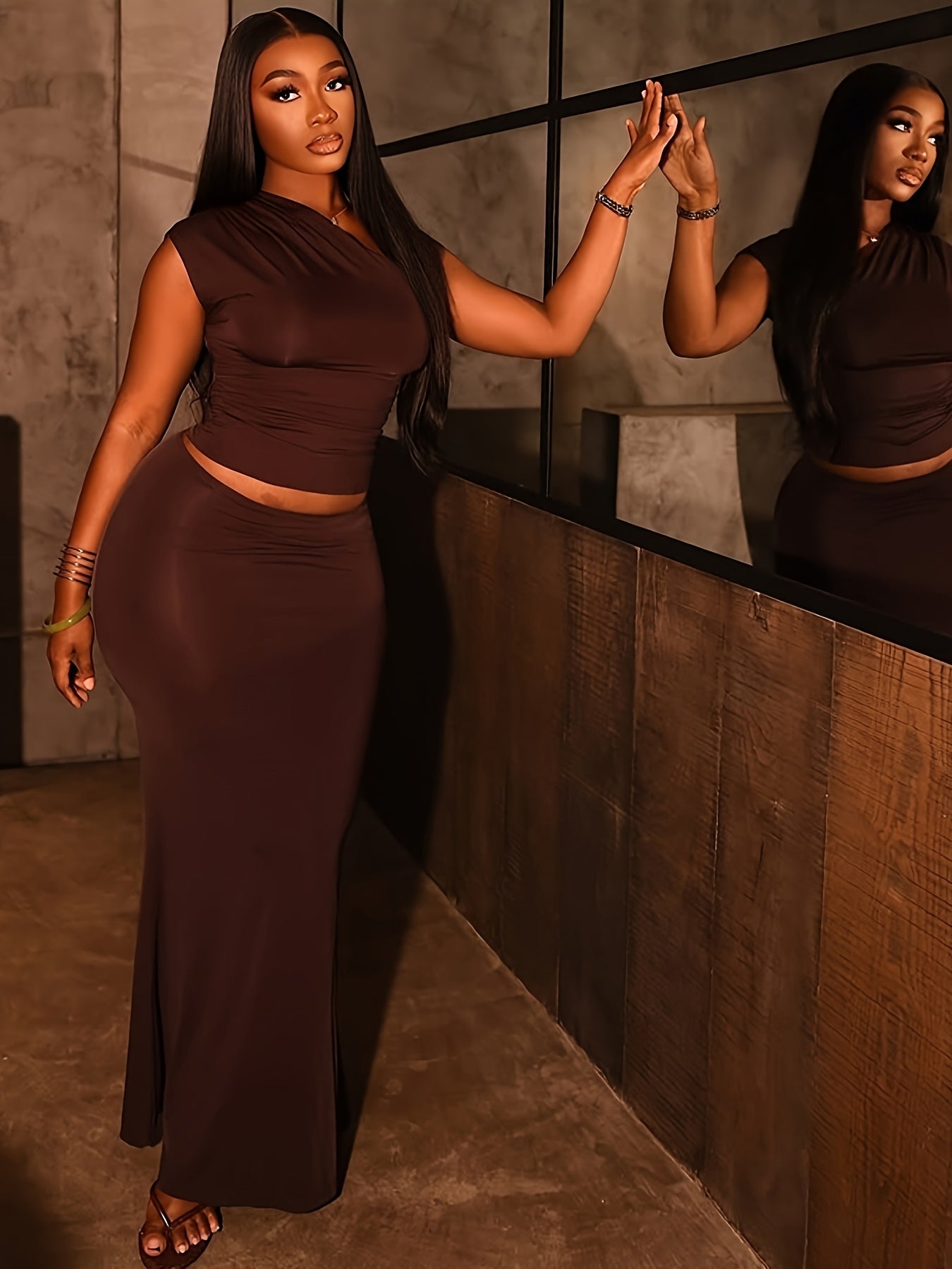 Lencensa - Ensemble Crop Top Épaules Nues et Jupe Taille Haute