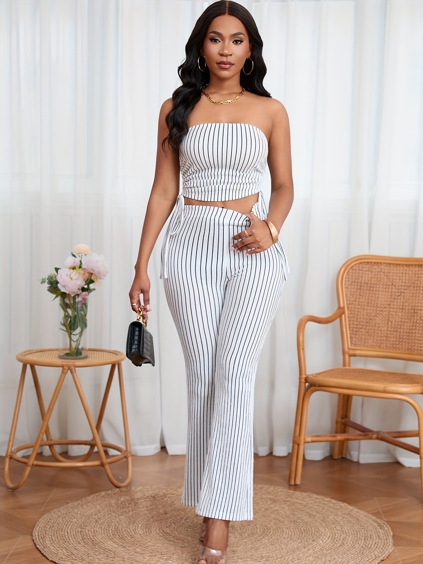 Lencensa - Ensemble Femme Top Bustier et Pantalon Évasé