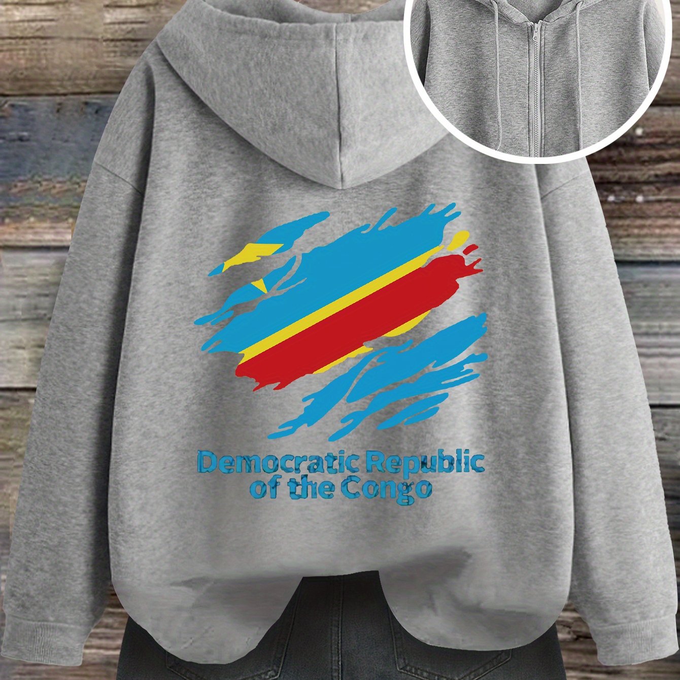 Women'S Casual Hooded Zip-Up Cardigan with Democratic Republic of the Congo Print, Loose Fit Fashion Top for Fall/Winter, Front Pocket Detail, Hoodie - Lencensa