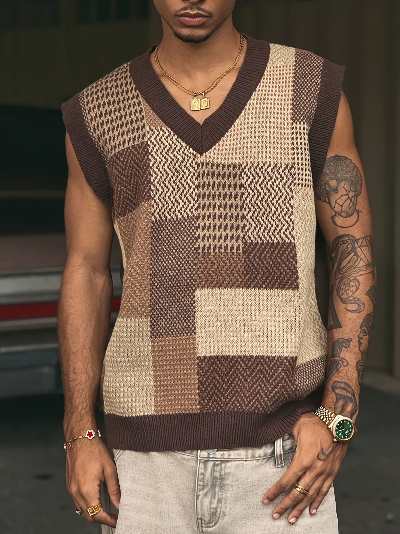 Lencensa - Gilet Homme Col V Tricot Motif Géométrique