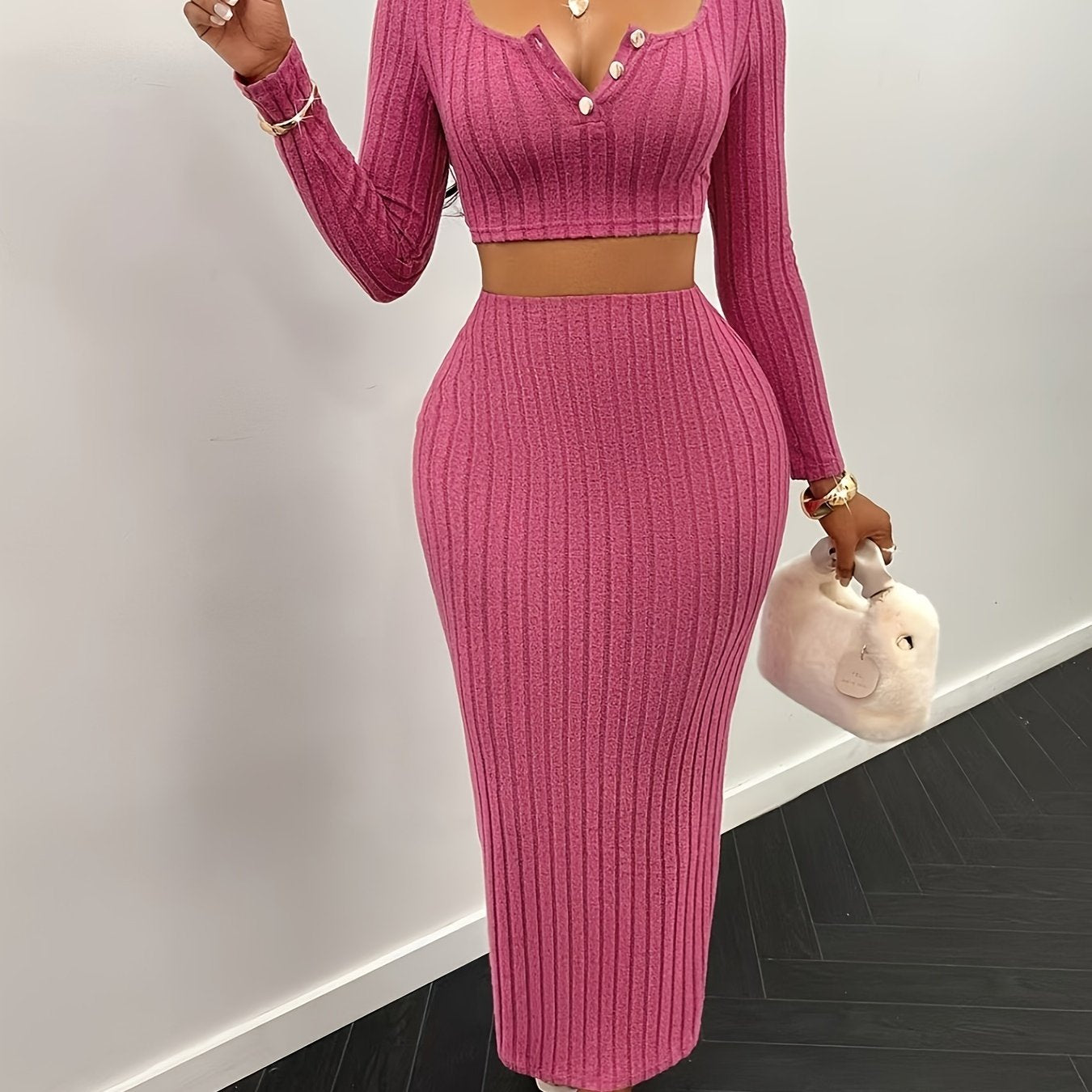 Lencensa - Ensemble Crop Top Manches Longues et Jupe Midi
