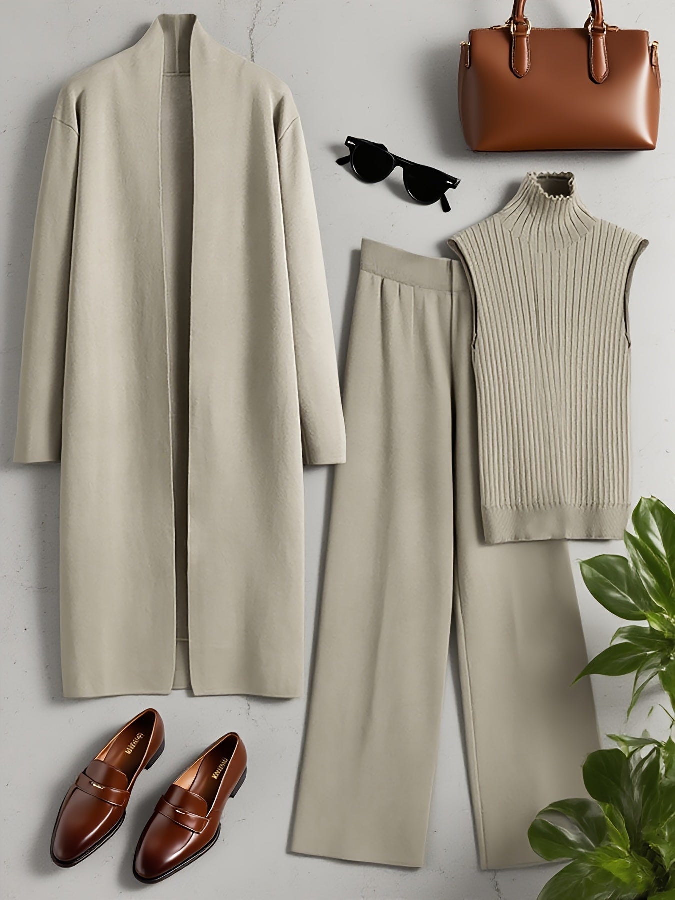 Autumn and Winter Women's Outfit, Solid Color Sweater Three-Piece Set, Cardigan Jacket Ensemble, Casual Elegant Ladies' Suit, Korean Style Top and Bottom Set, Fabric Wide-Leg Pants Set, Fabric Vest Set, Commuter Style Outfit, - Lencensa 