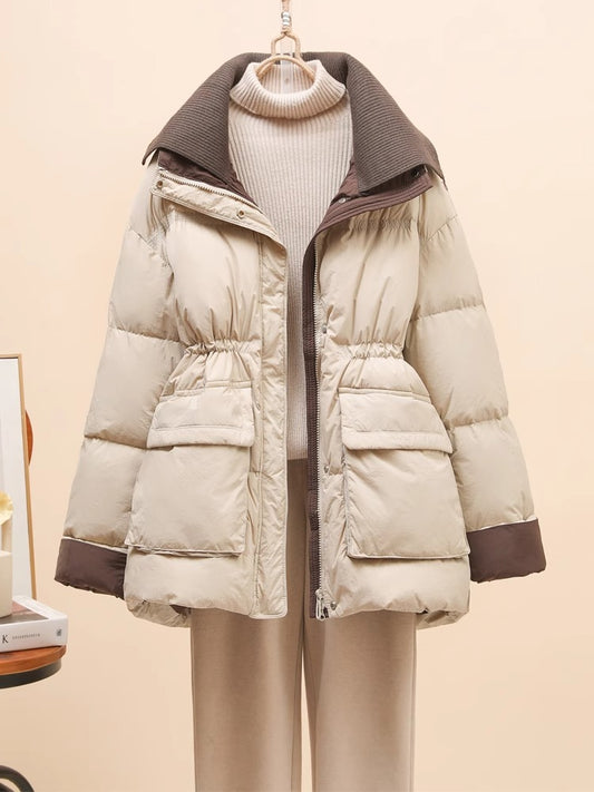 Women's Mid-Length Down Jacket with Waist Design - Lencensa 