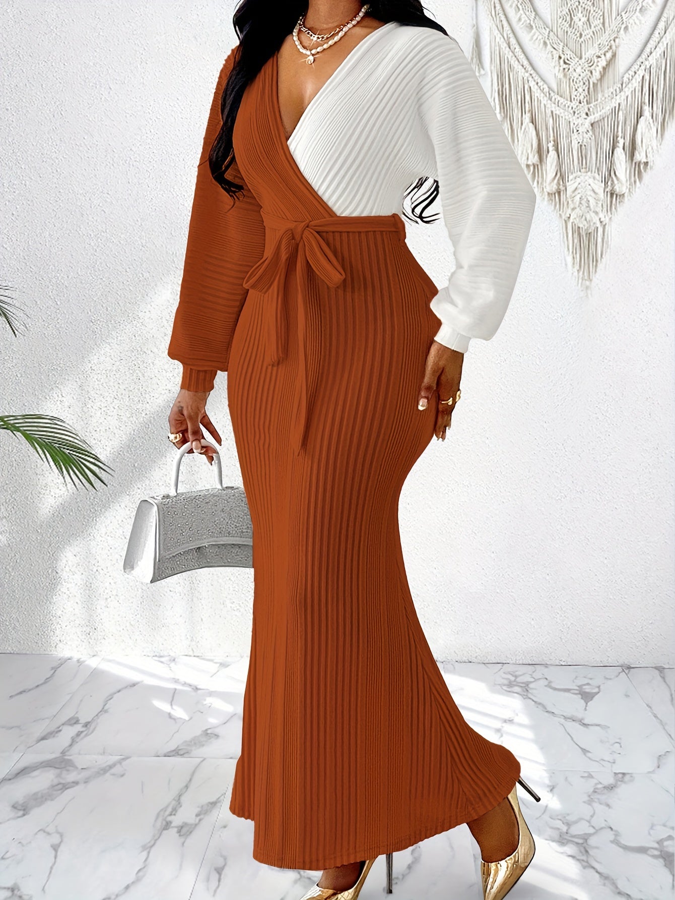 Lencensa - Robe Longue Élégante Manches Chauve-Souris