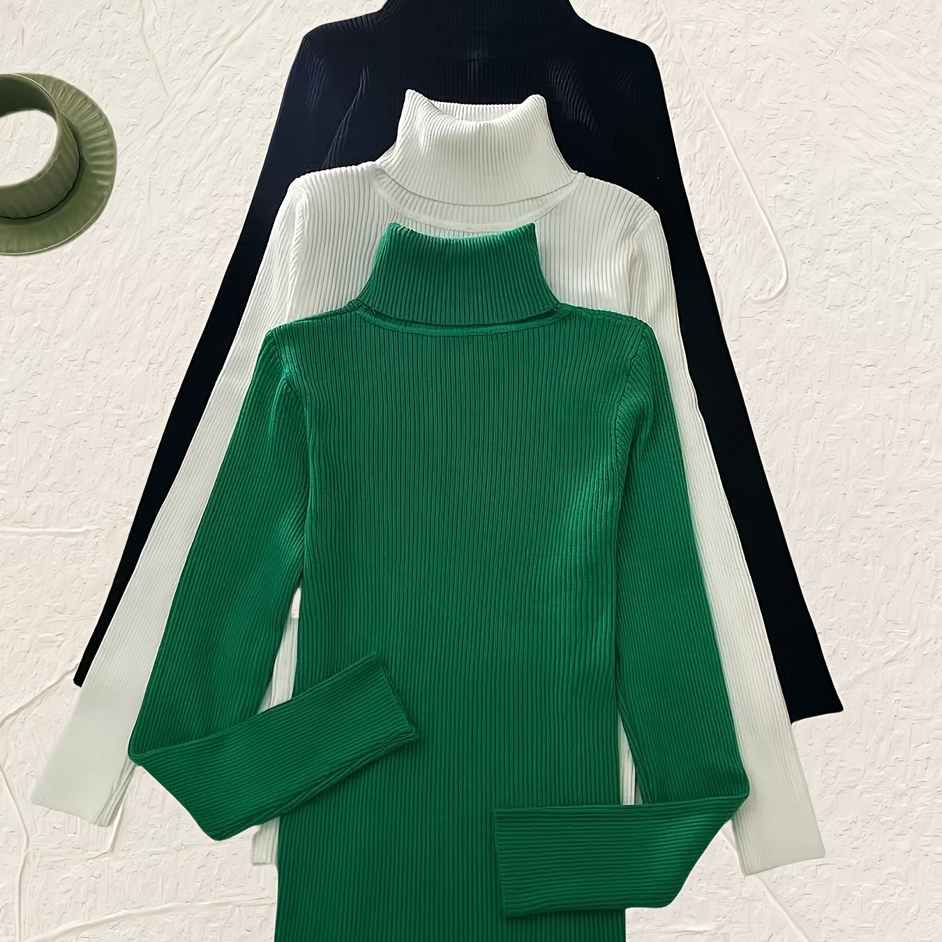 Turtleneck 3 Packs Knitted Pullover Sweater, Casual Solid Color Long Sleeve Sweater For Fall & Winter, Women's Clothing - Lencensa 