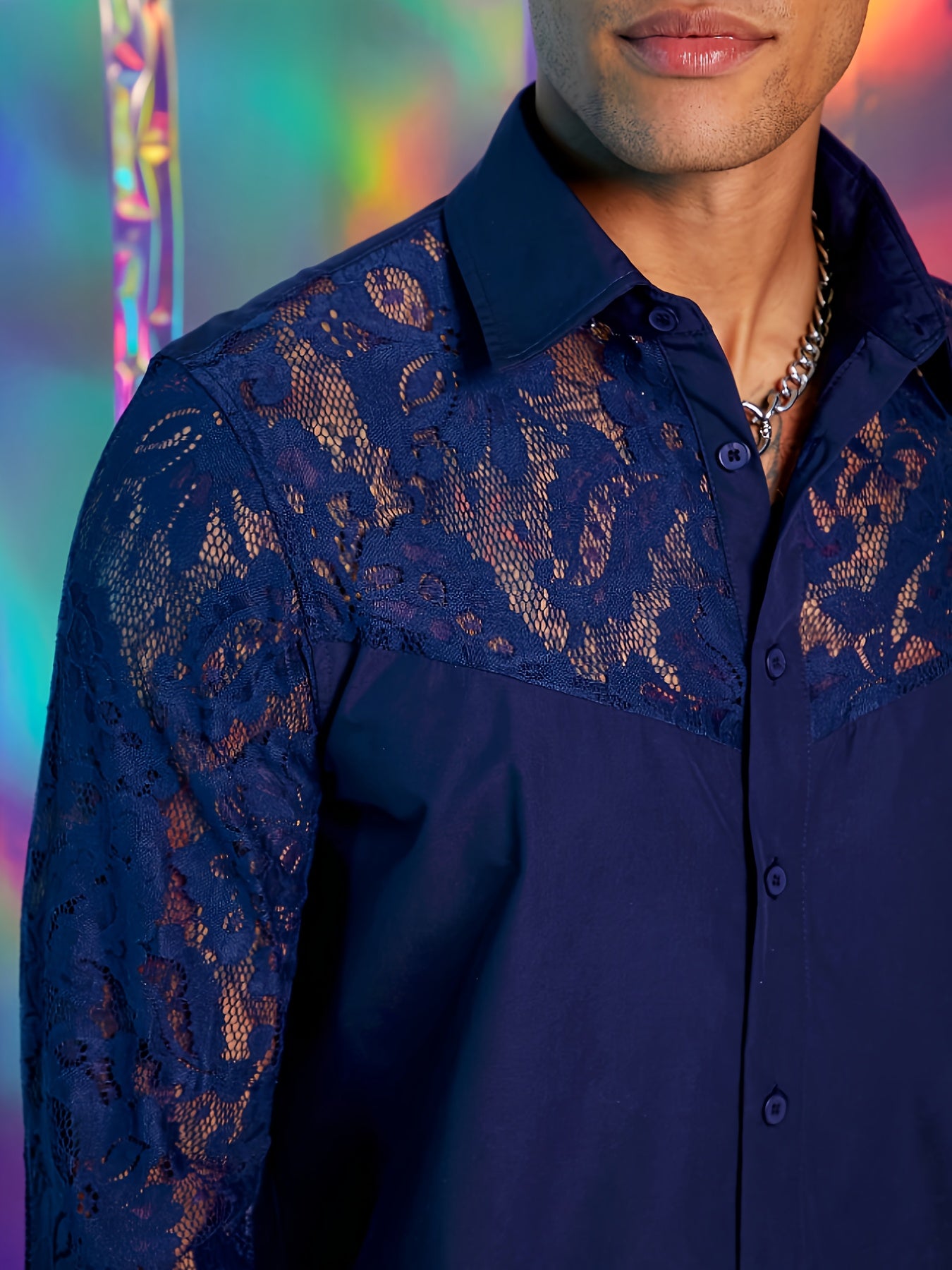 Lencensa - Chemise Homme Dentelle Noire Manches Longues