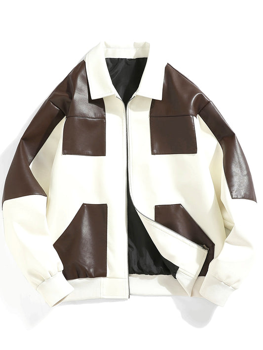 Veste Homme Simili Cuir - Bomber Beige et Marron - Lencensa 
