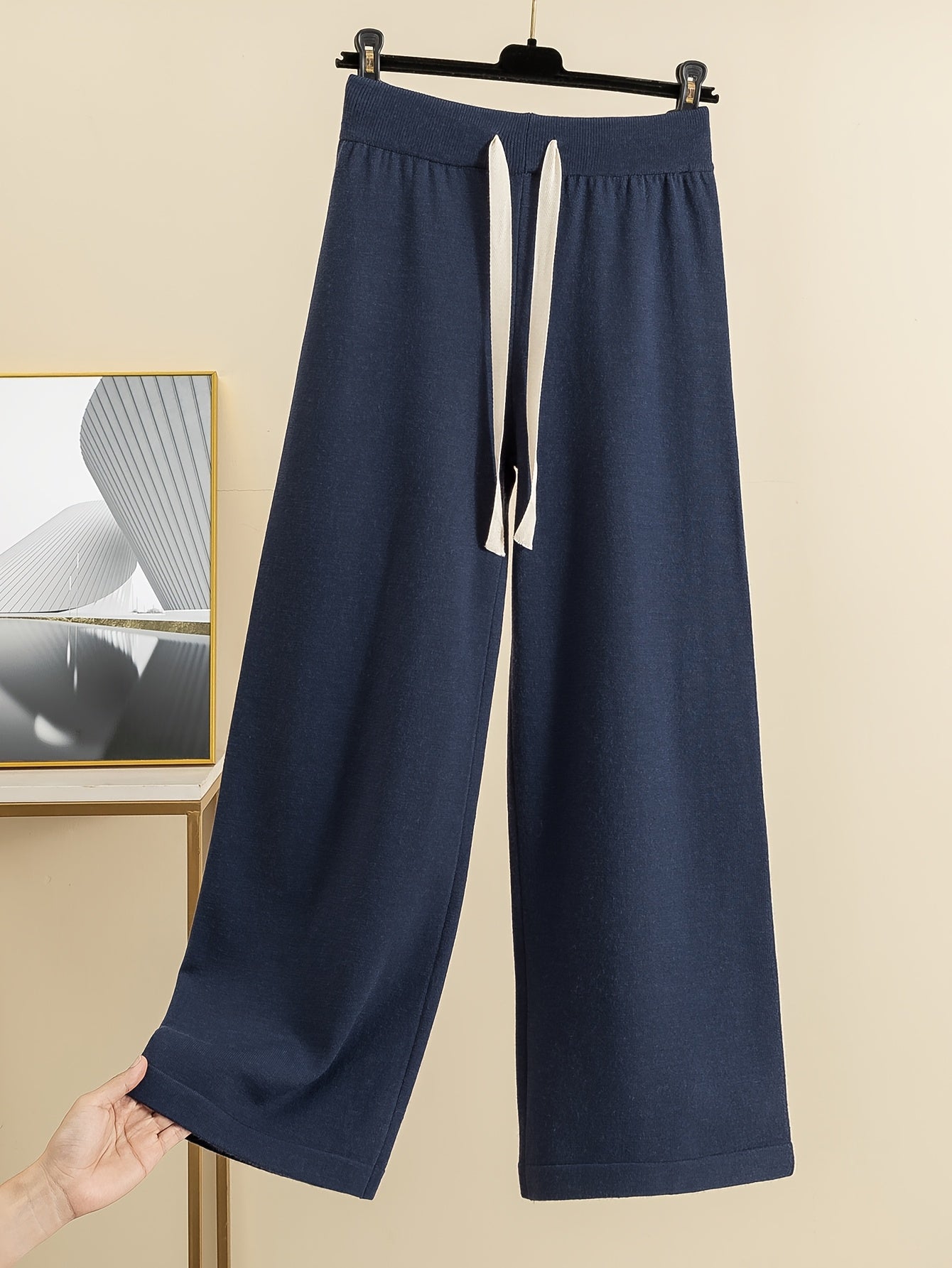 Women'S Elegant High-Neck Long Sleeve Top & Wide-Leg Pants Set - Beige Ribbed Sweater with Drawstring Waist, Casual Fall/Winter Outfit, Casual Attire|Ribbed Texture| Construction, Sweater Set - Lencensa 