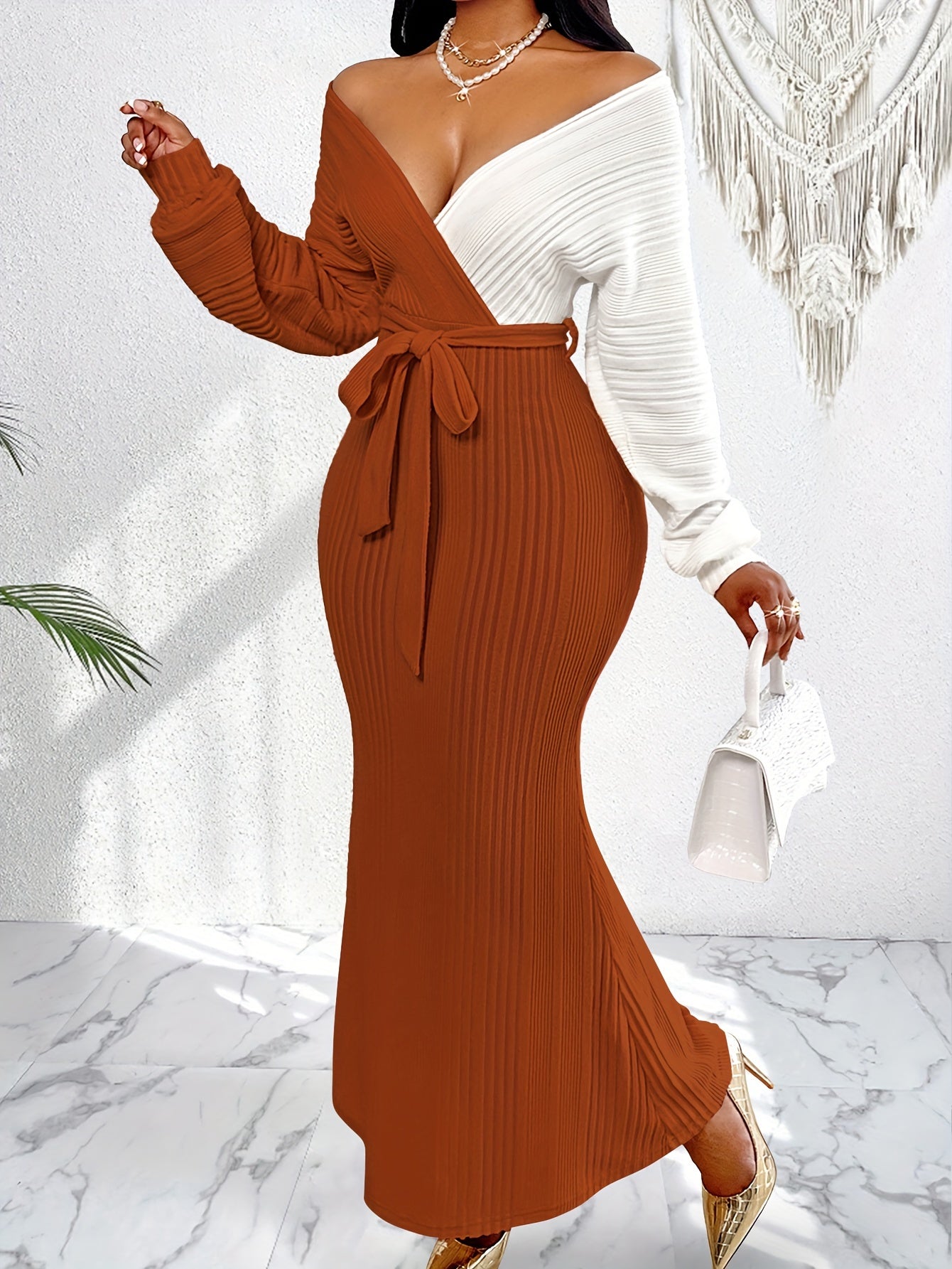 Lencensa - Robe Longue Élégante Manches Chauve-Souris