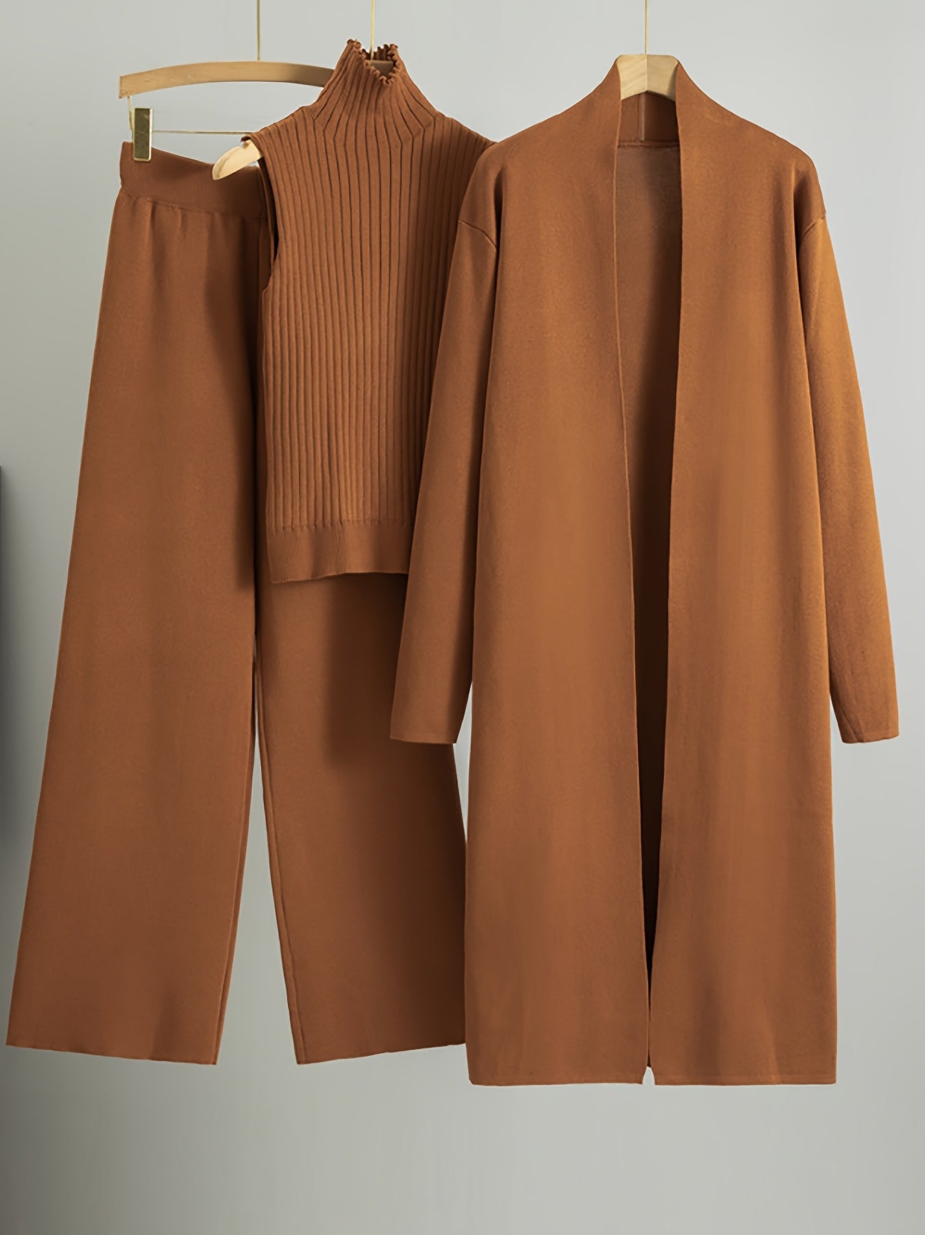 Autumn and Winter Women's Outfit, Solid Color Sweater Three-Piece Set, Cardigan Jacket Ensemble, Casual Elegant Ladies' Suit, Korean Style Top and Bottom Set, Fabric Wide-Leg Pants Set, Fabric Vest Set, Commuter Style Outfit, - Lencensa 