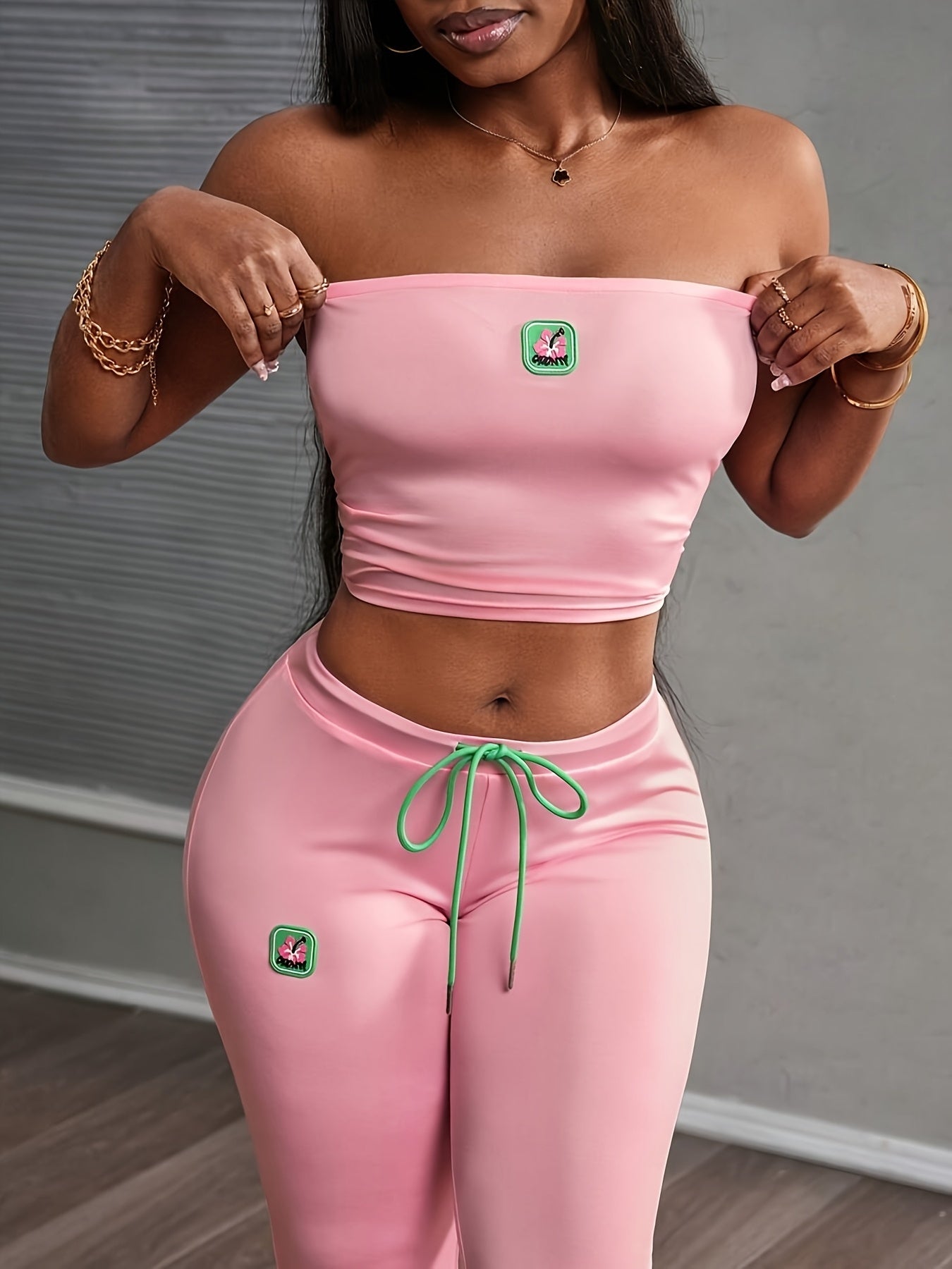 Lencensa - Ensemble Femme Crop Top Épaules Nues et Legging Rose