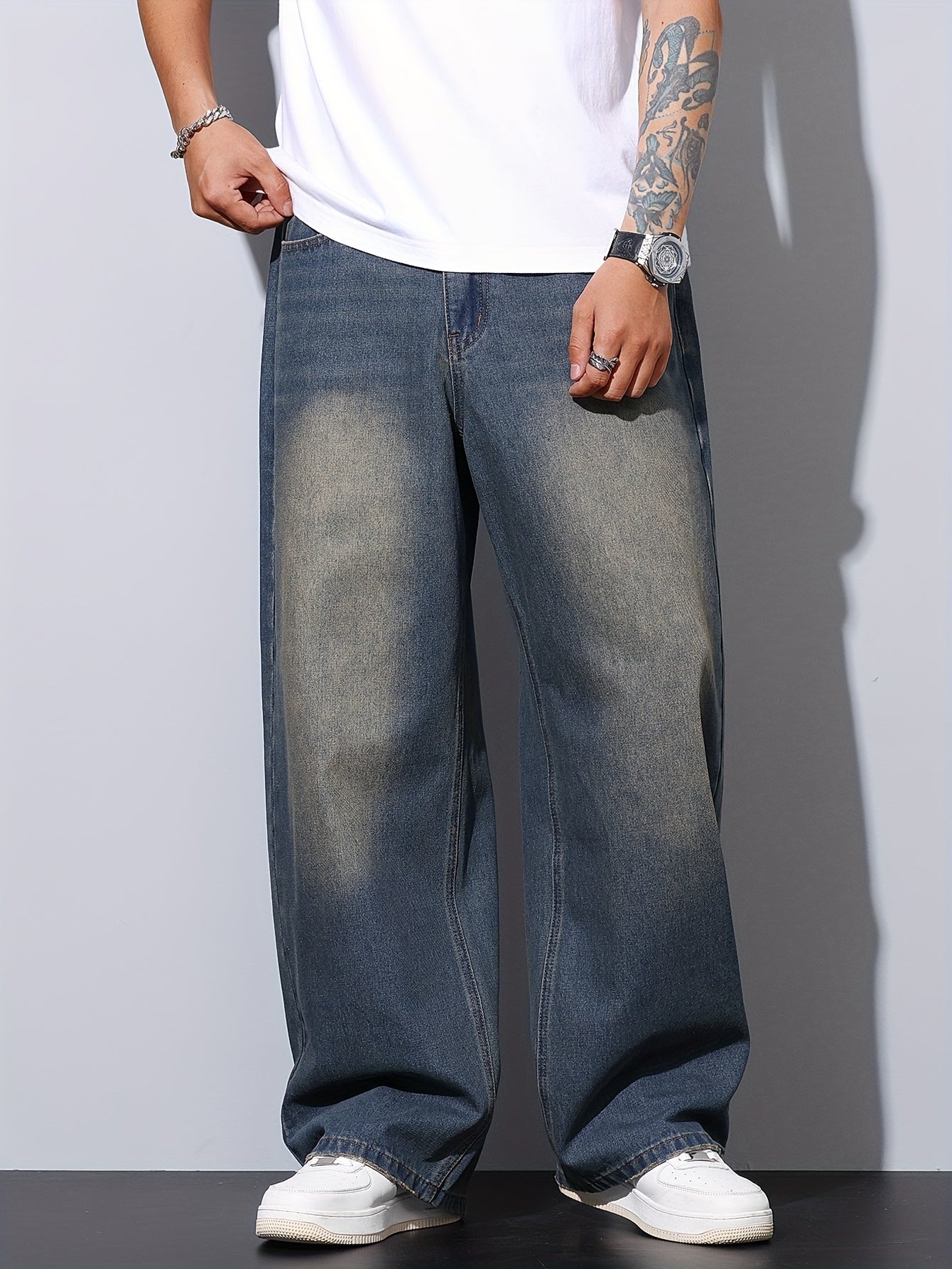 Jean Délavé Lencensa - Coupe Large Effet Usé Bleu Homme