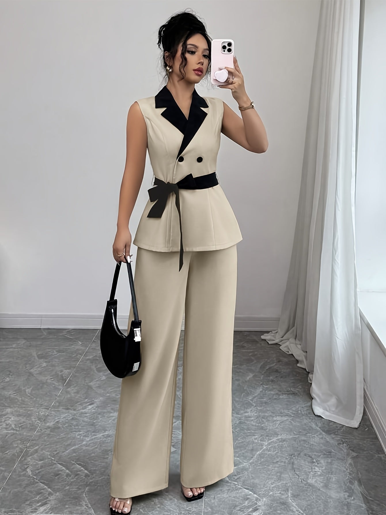 Lencensa - Ensemble Blazer et Pantalon Large Femme Beige