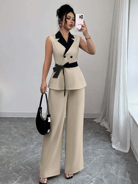 Lencensa - Ensemble Blazer et Pantalon Large Femme Beige