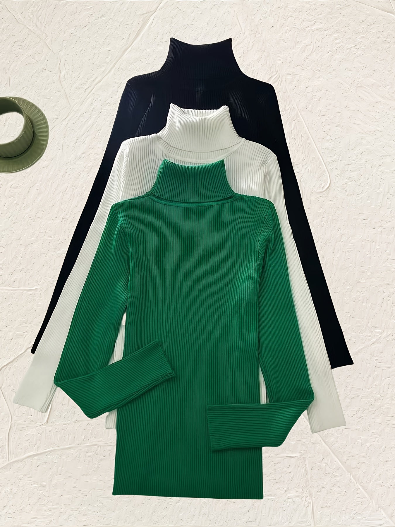 Turtleneck 3 Packs Knitted Pullover Sweater, Casual Solid Color Long Sleeve Sweater For Fall & Winter, Women's Clothing - Lencensa 