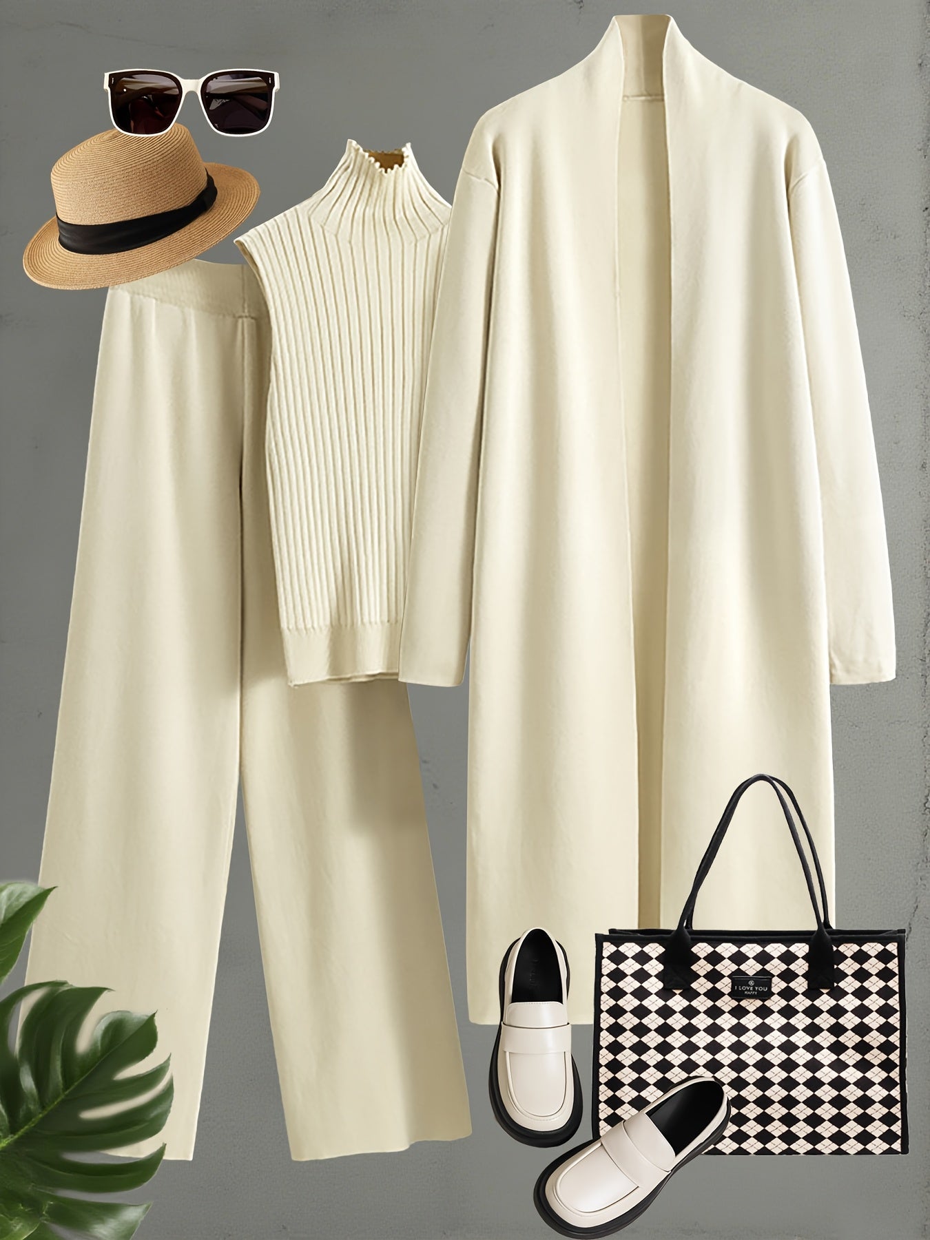 Autumn and Winter Women's Outfit, Solid Color Sweater Three-Piece Set, Cardigan Jacket Ensemble, Casual Elegant Ladies' Suit, Korean Style Top and Bottom Set, Fabric Wide-Leg Pants Set, Fabric Vest Set, Commuter Style Outfit, - Lencensa 