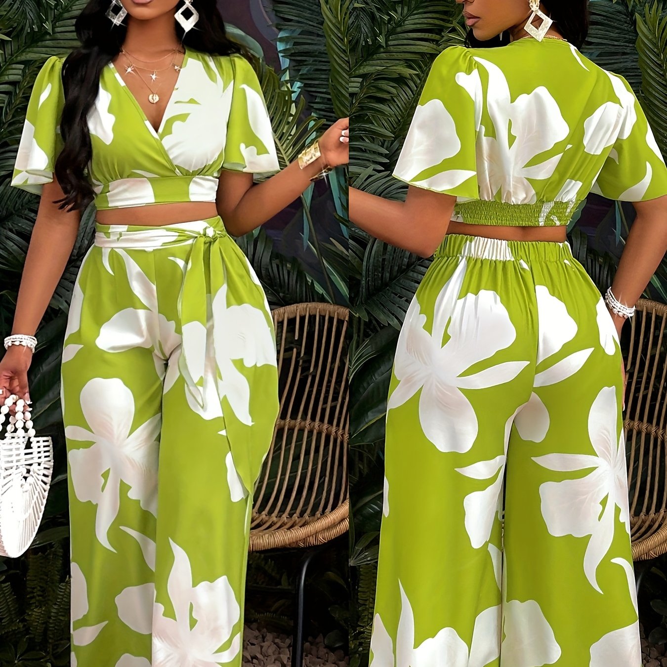 Lencensa - Ensemble Femme Crop Top Tropical et Pantalon Large