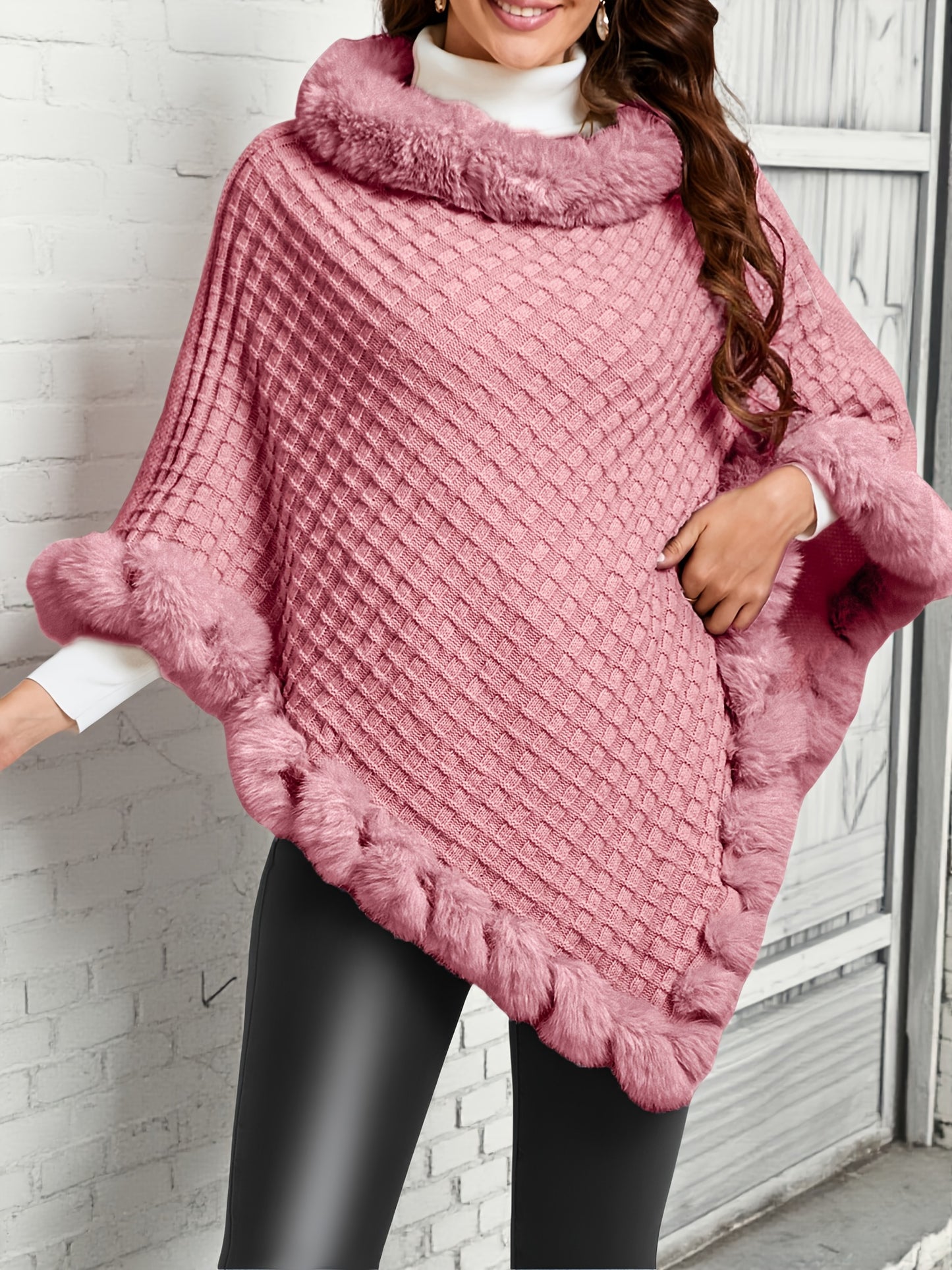 Pure Body" Elegant Special Edition Women's Solid Color Waffle Pullover, 100% Polyester with Faux Fur Collar Splice, Stylish and Warm Sweater for Autumn/Winter, Suitable for Outdoors, Office & Home Wear, Hand Washable, Gift Id - Lencensa 