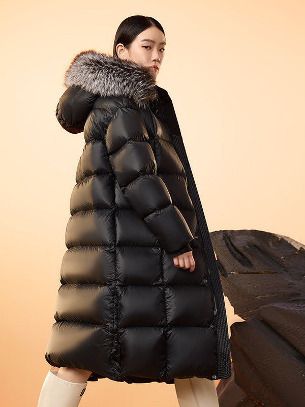 Veste en duvet d’oie noire élégante avec col en fourrure de renard - Lencensa 