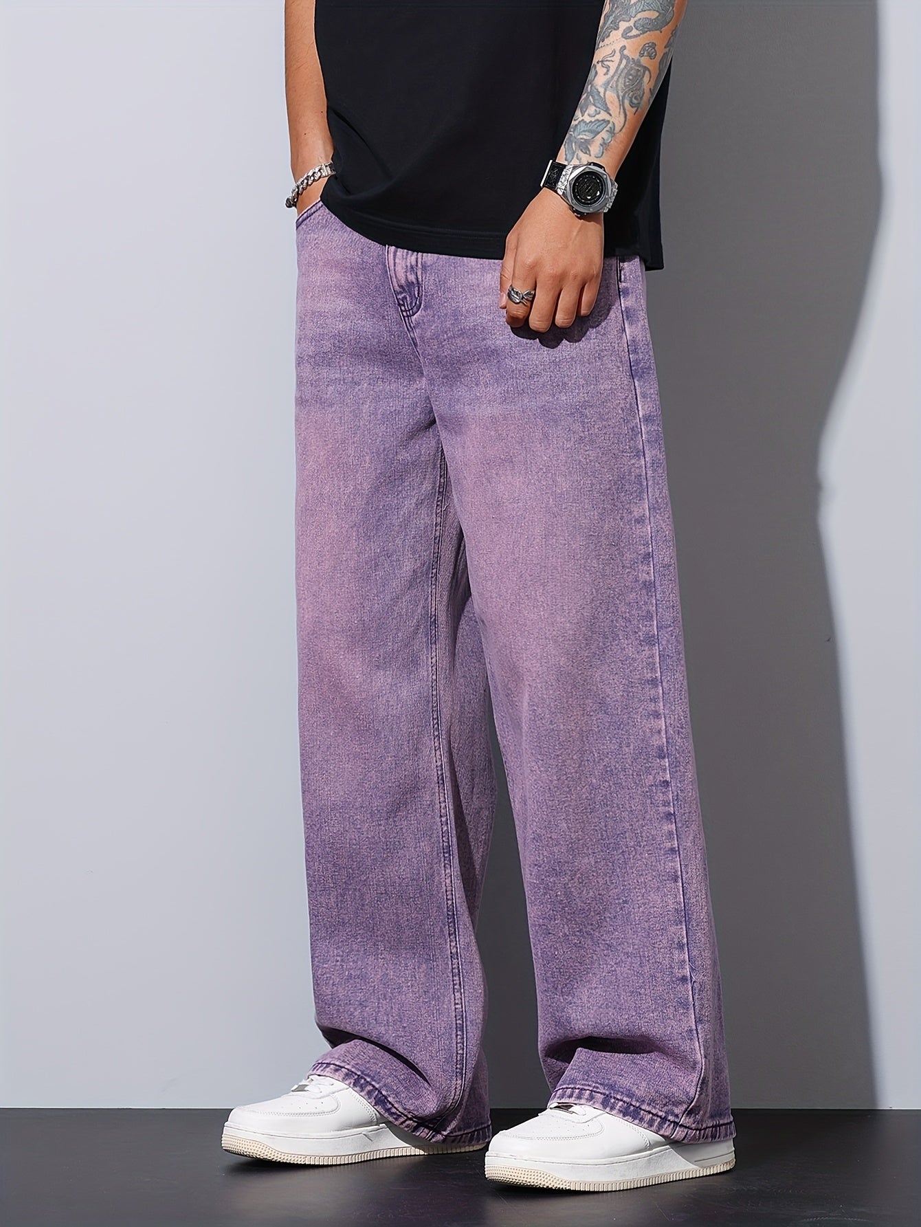 Lencensa - Jean Homme Violet Coupe Large Décontracté