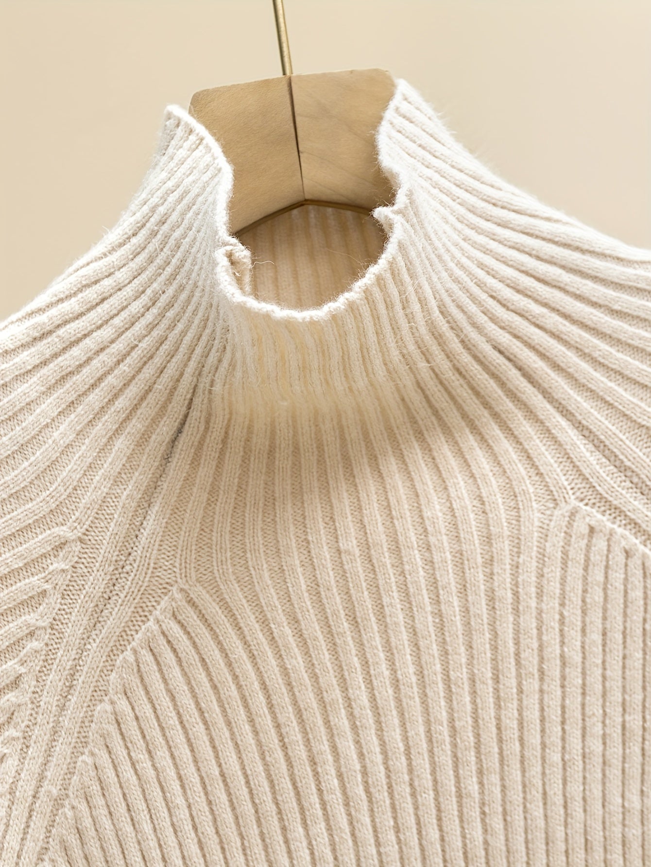 Women'S Elegant High-Neck Long Sleeve Top & Wide-Leg Pants Set - Beige Ribbed Sweater with Drawstring Waist, Casual Fall/Winter Outfit, Casual Attire|Ribbed Texture| Construction, Sweater Set - Lencensa 