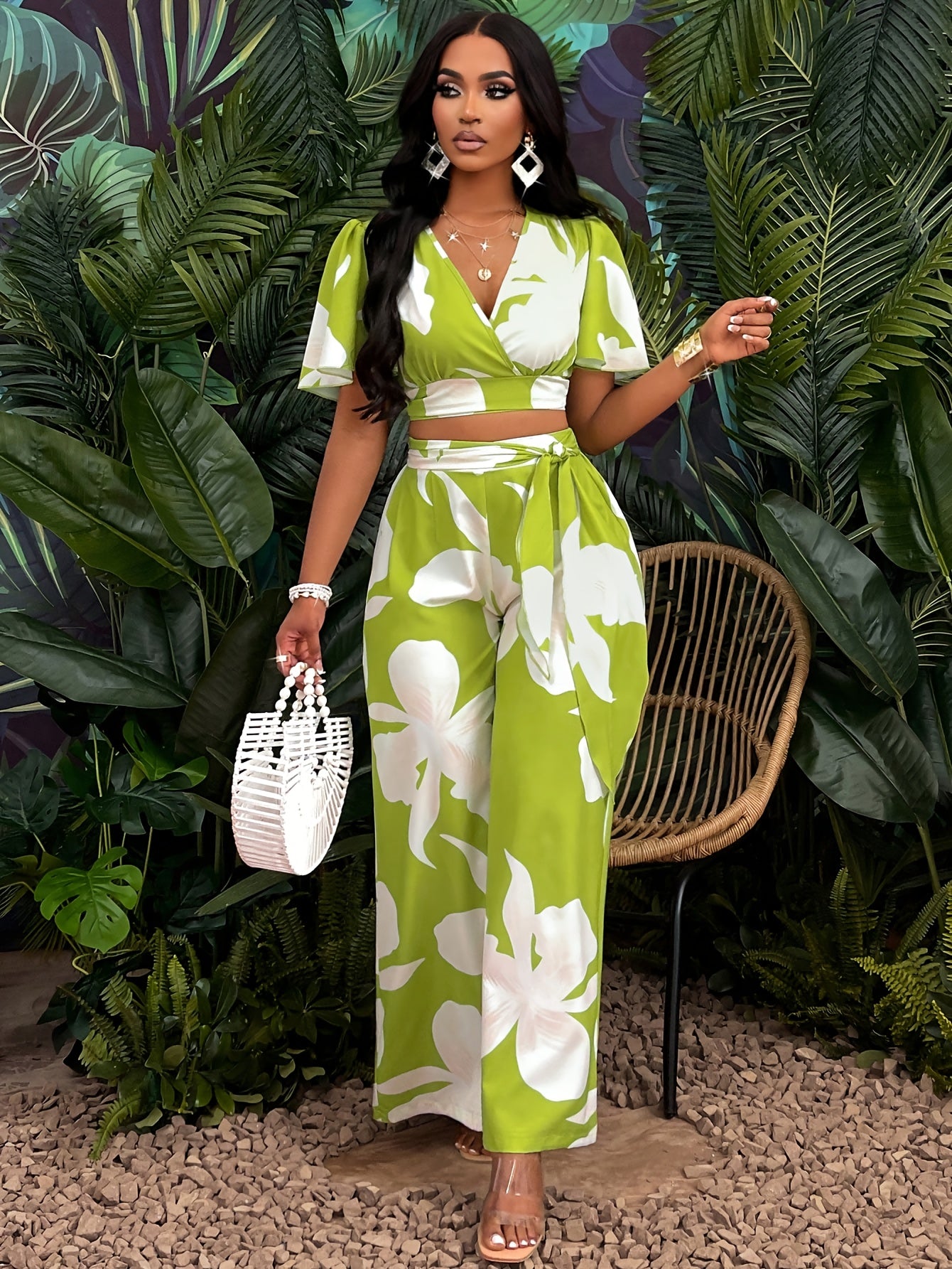 Lencensa - Ensemble Femme Crop Top Tropical et Pantalon Large