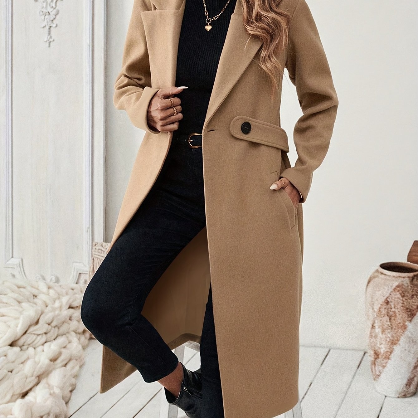 Women's Elegant Long Black Tweed Coat with Adjustable Belt - H-Silhouette Asymmetrical Hem, Machine Washable Winter Trench Coat for Fall & Winter, Office to Evening Versatile Outerwear, Notch Lapel Design - Lencensa 
