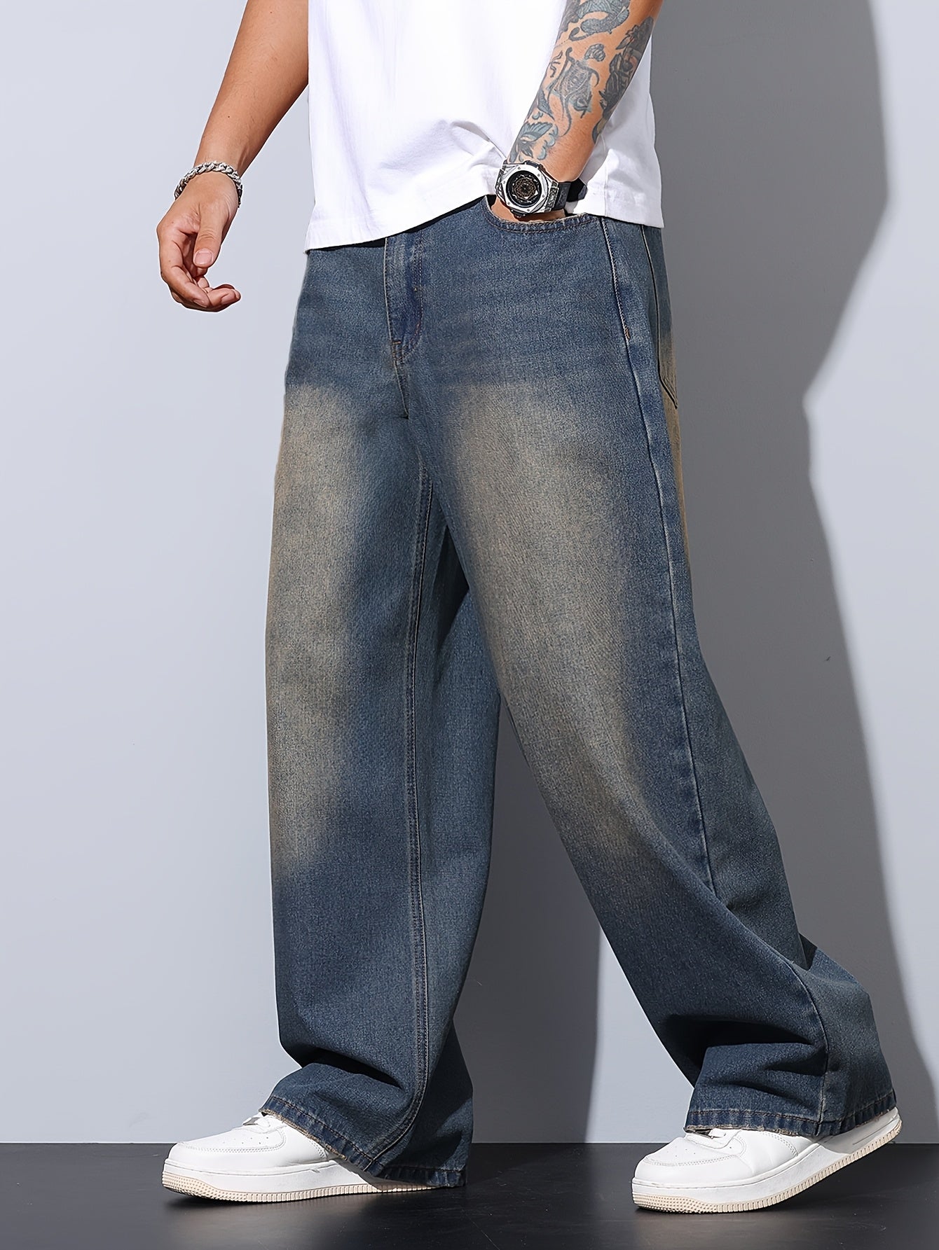 Jean Délavé Lencensa - Coupe Large Effet Usé Bleu Homme