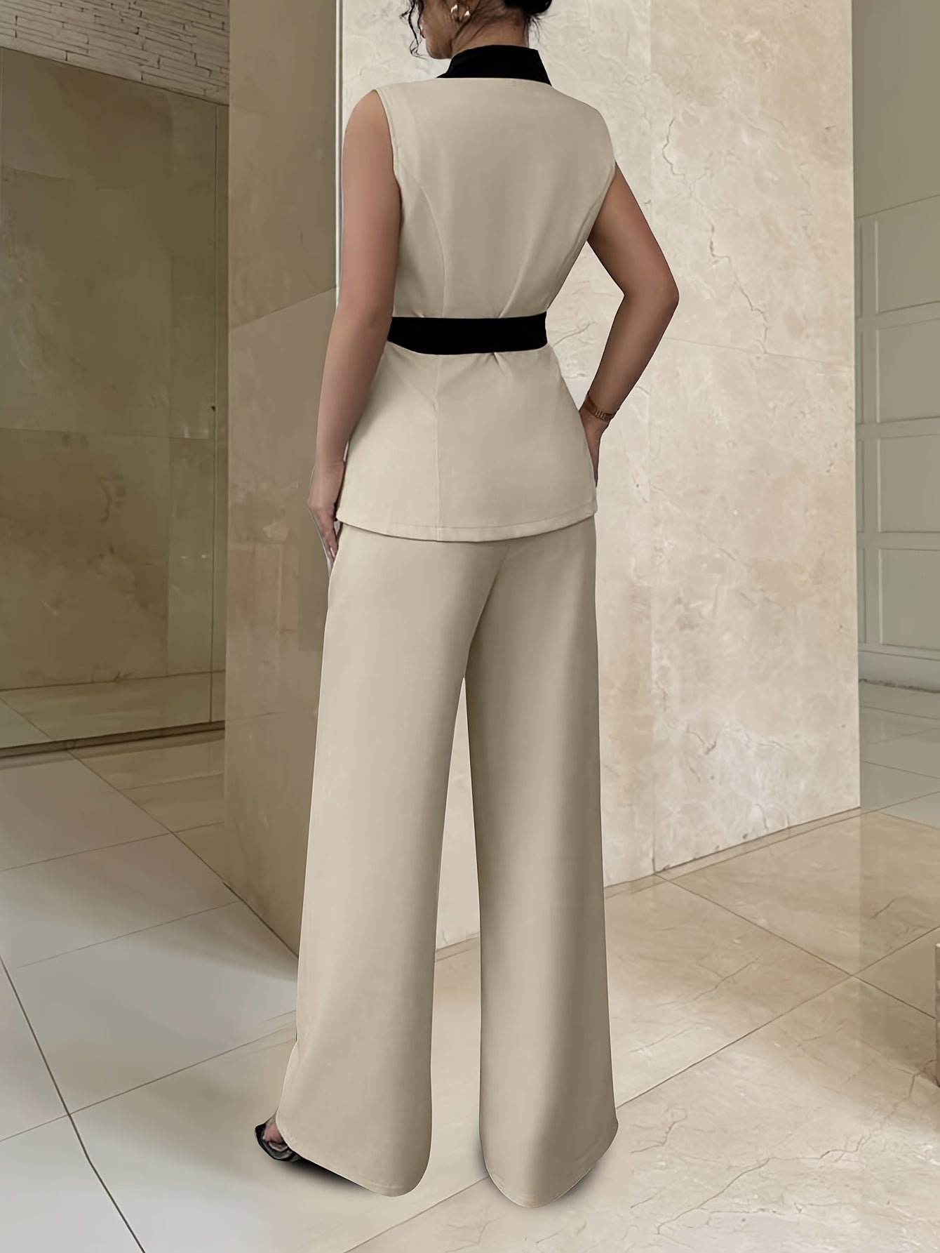 Lencensa - Ensemble Blazer et Pantalon Large Femme Beige