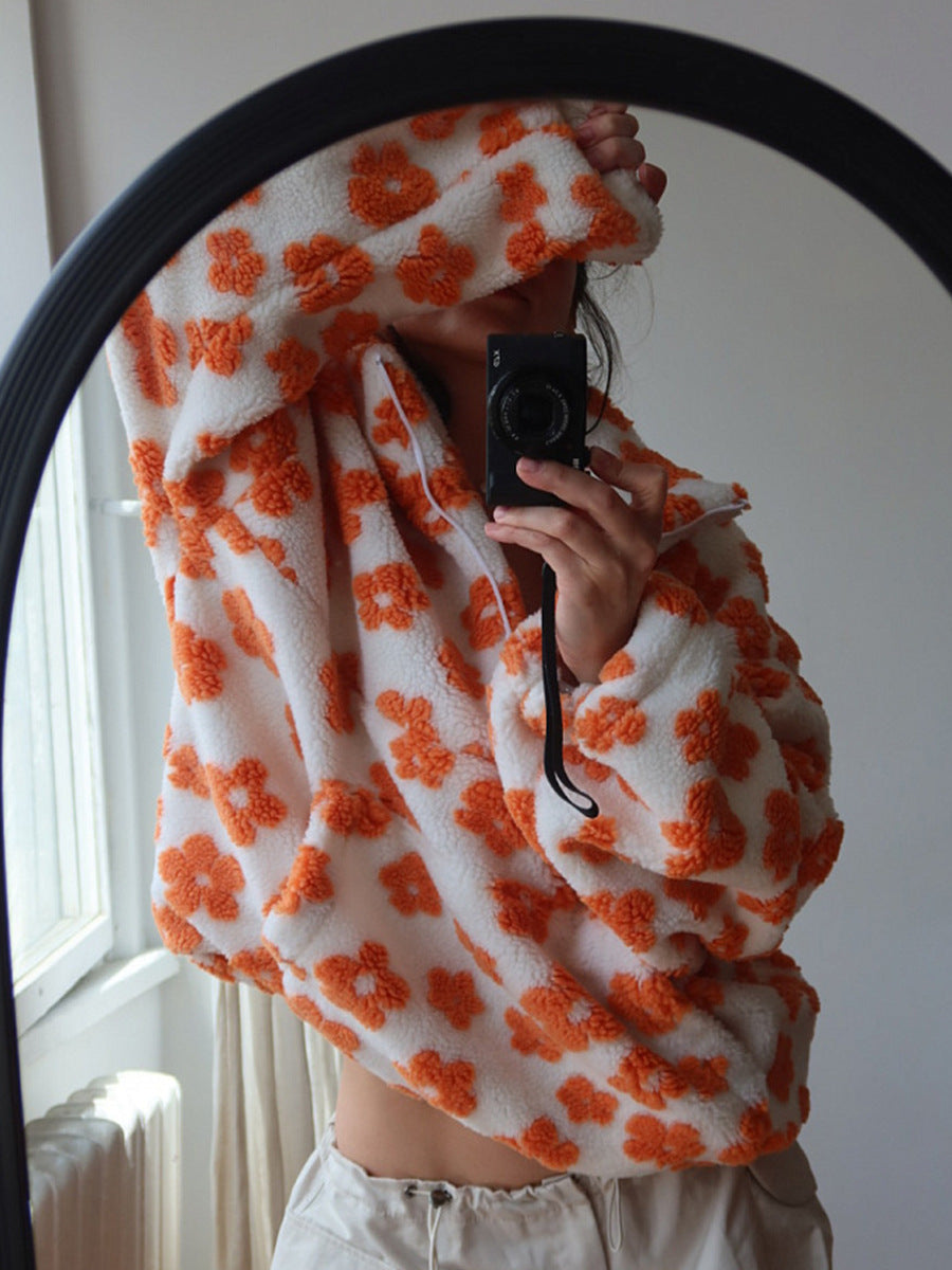 Floral Fleece Hoodie Women Loose Fit Warm Pullover - Lencensa 